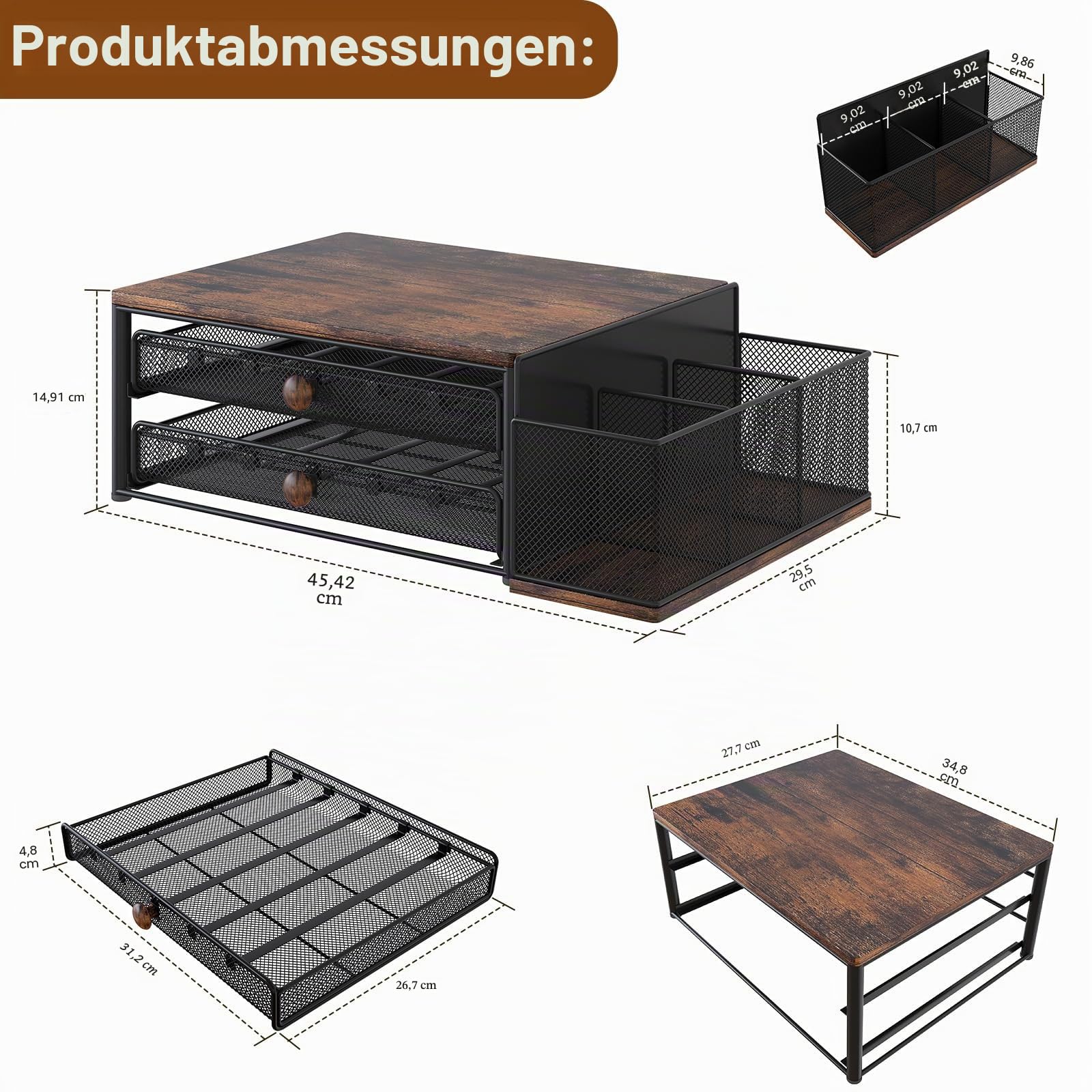 TQVAI Kapselhalter für mit 2 Schubladen Organizer, 60 Kaffeekapseln Aufbewahrung Stahl und MDF-Holz Kaffee Organizer Ständer mit 3 Schlitzen für Einwegbecher, Regal für Zubehör Küche Schwarz
