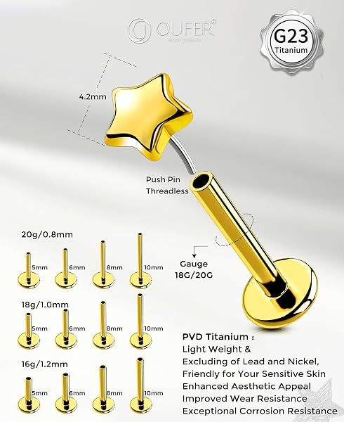 OUFER Body Piercing Helix Sutd 16G/18G/20G Titanium Star Labret Piercing Push-Pin Flat Back 0.8/1.0/1.2mm 5/6/8/10mm Silver Gold Lip Tragus Conch Cartilage Piercing Jewelry - 2
