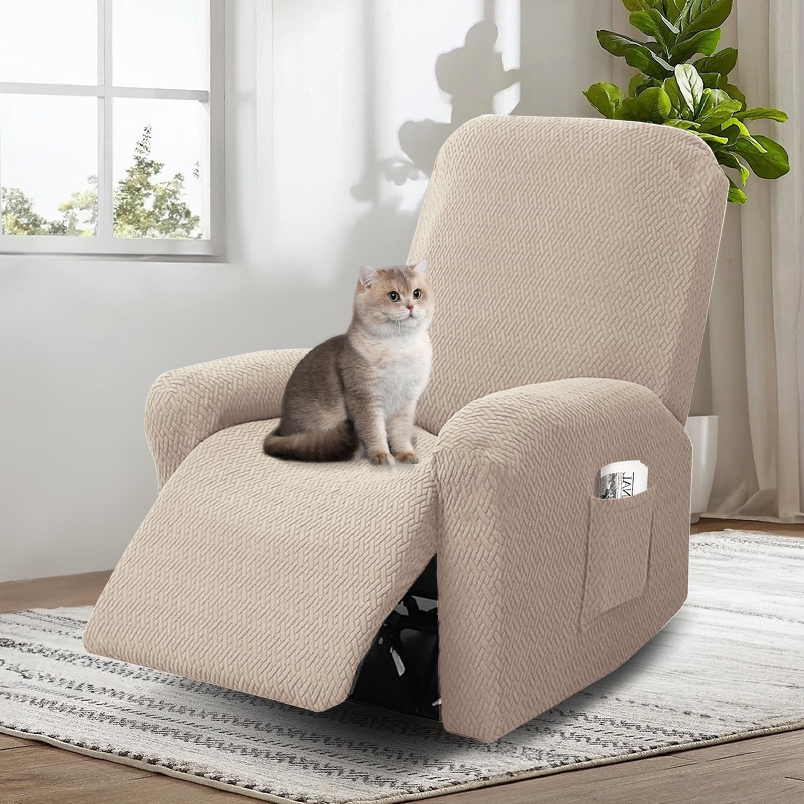 Funda Sillon Relax Reclinable, 4 Piezas Funda Butaca, Funda Sofa 1 Plaza, con Protectores para Reposabrazos y Bolsillo (Marrón Grisáceo)