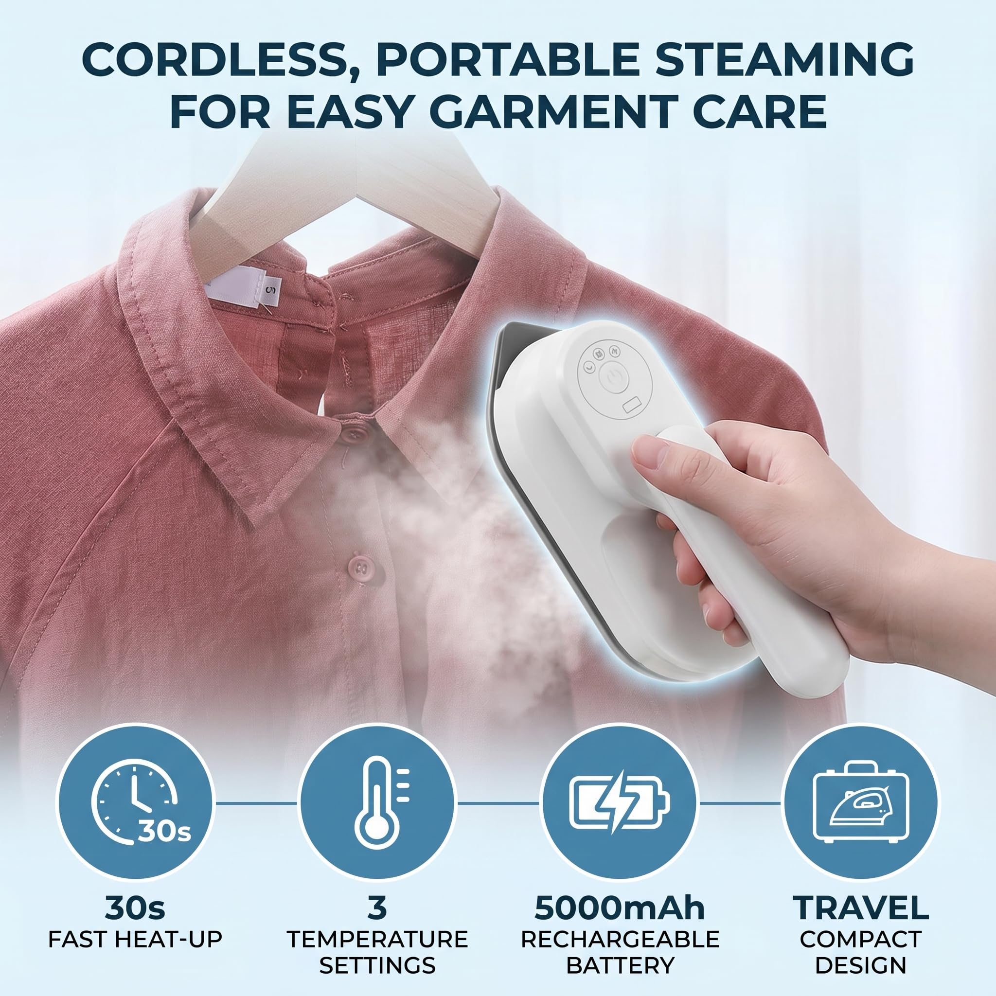 lyrlody Máquina de Planchar Eléctrica de Mano con 3 Configuraciones de Temperatura para Planchado en Húmedo de Secado Rápido, Portátil Inalámbrico de 5000 MAh para Viajes en Dormitorios
