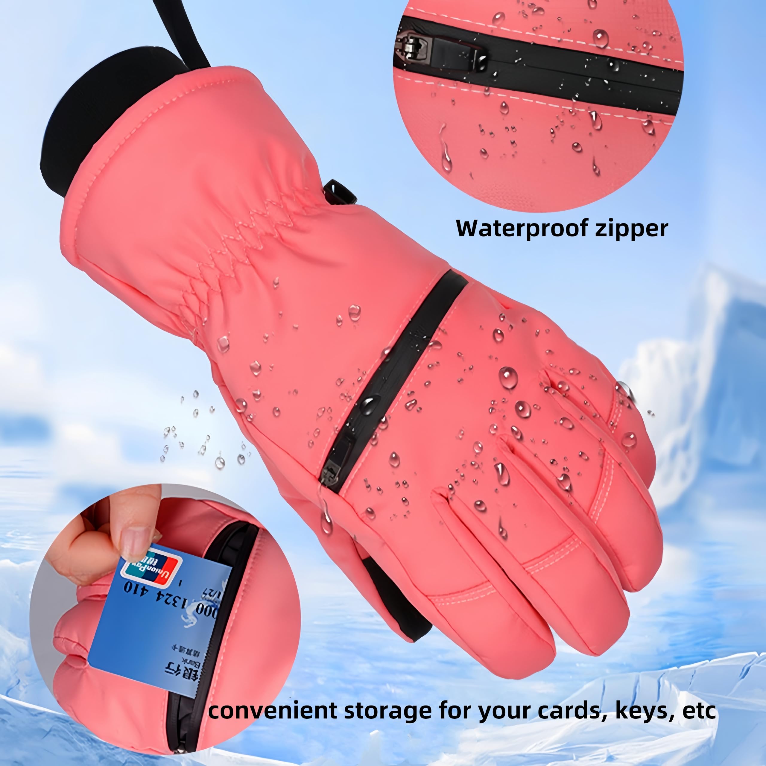sonecesiya Ski Gloves Winter Warm Waterproof Windproof Snowboarding Gloves with Pocket and Leash, Touchscreen Anti Slip Wear-Resistant Thermal Gloves for Men Women Hiking Camping Skiing, White L