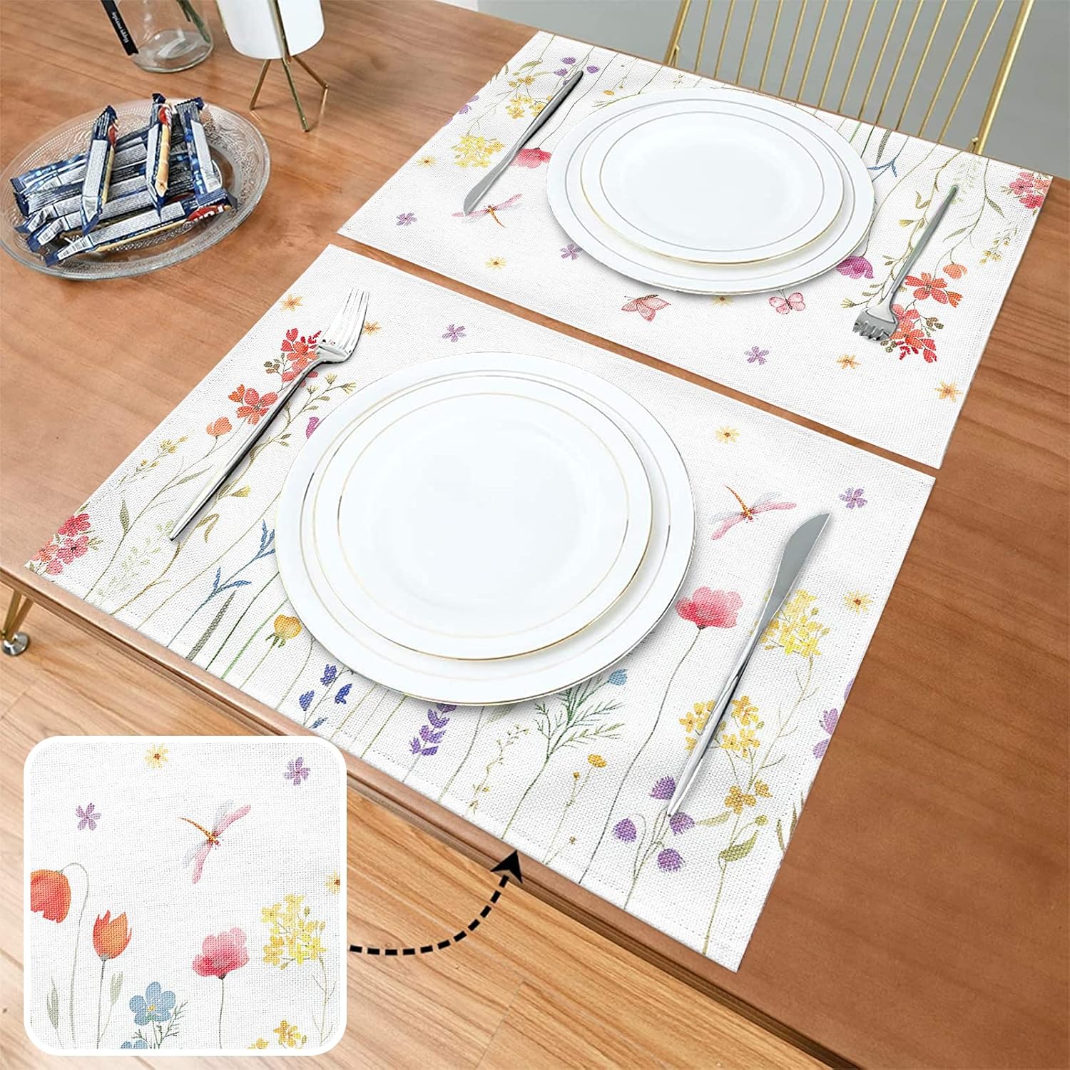 Placemats Set of 6, Spring Summer Floral Non Slip Heat Resistant Linen Fabric Cotton Cloth Place Mats, White Square Washable Holiday Party Dining Table Mat for Rustic Farmhouse Home Kitchen Decor