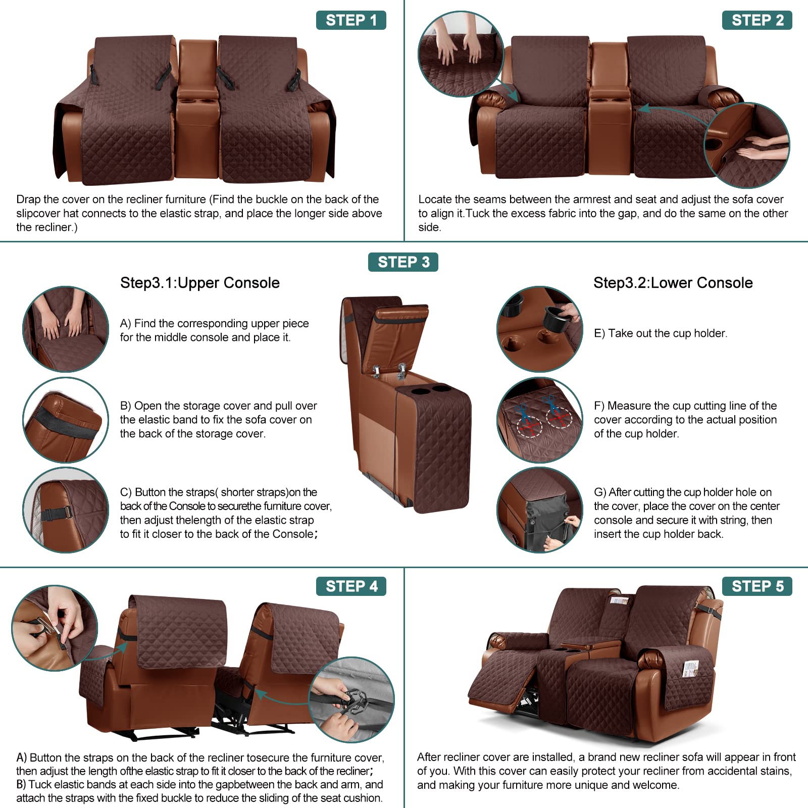 Ruaozz Waterproof Recliner Loveseat Cover with Console, NonSlip Couch