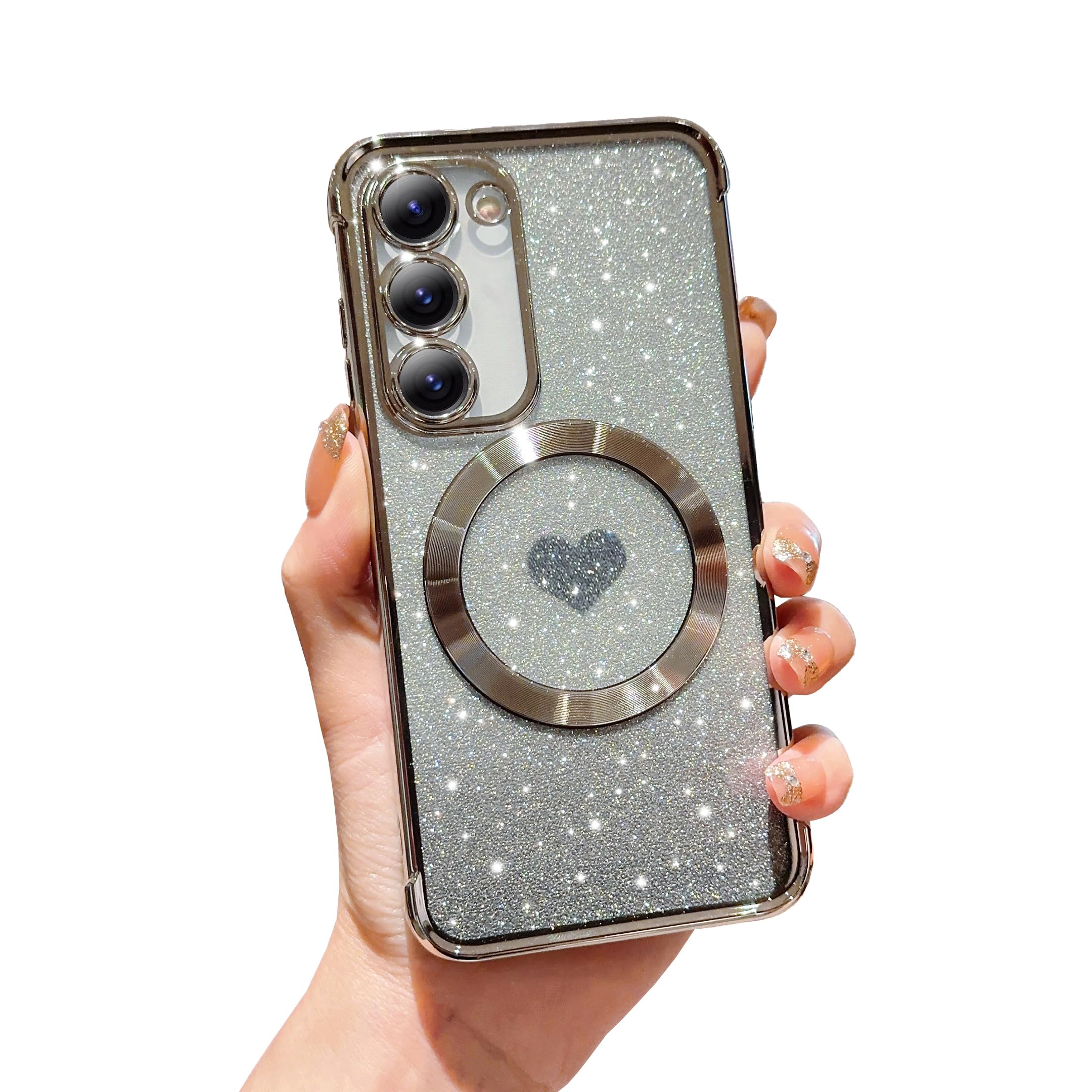 FABSPARK for Samsung Galaxy S25 Phone Case,Compatible with Magsafe,Magnetic Plating Glitter Gradient Cute Heart Clear Case,Camera Protection for