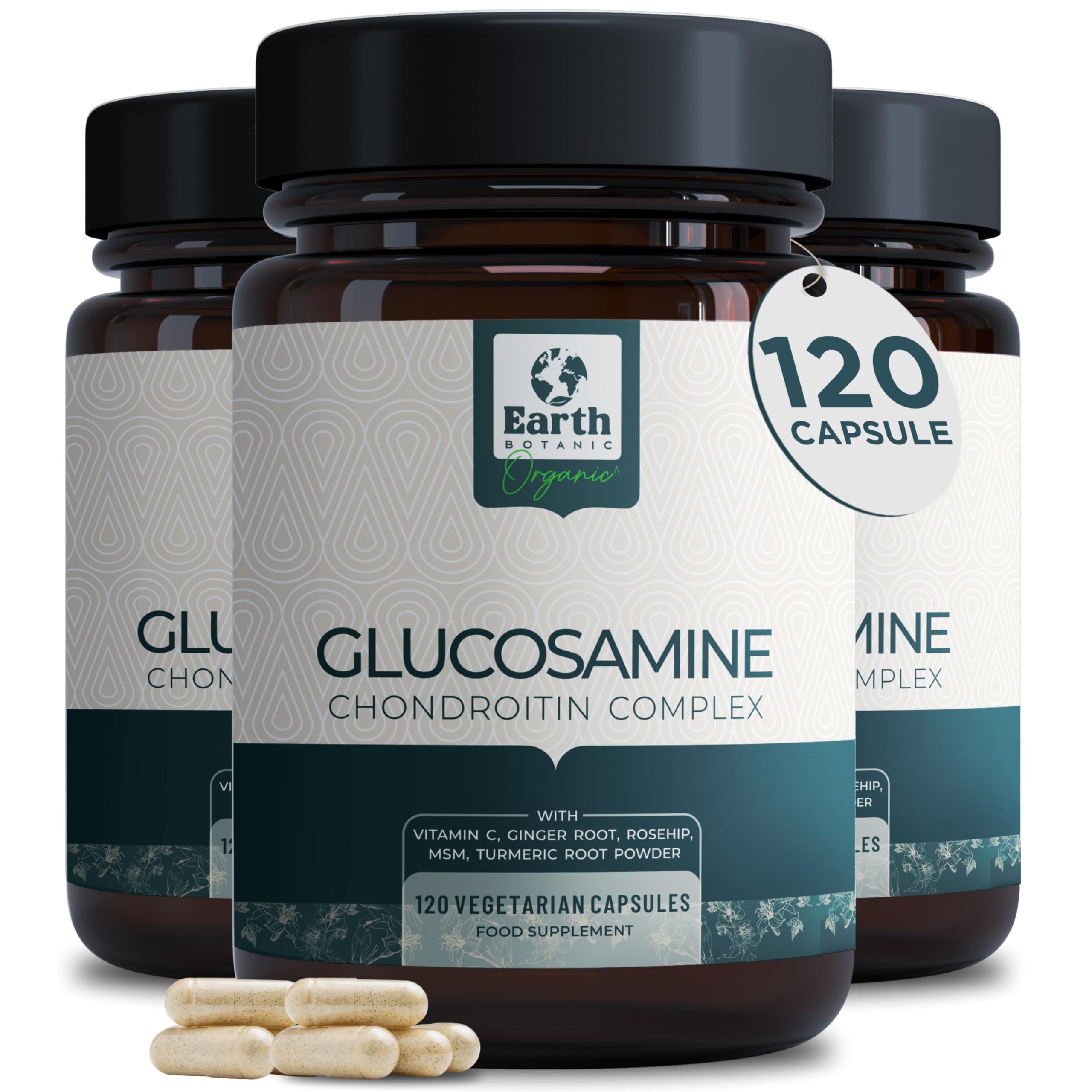 Glucosamine and Chondroitin Complex-120 High Strength Capsules with MSM, Vitamin C, Ginger, Rosehip & Turmeric Joint Care Supplements (Non-GMO, Gluten Free)