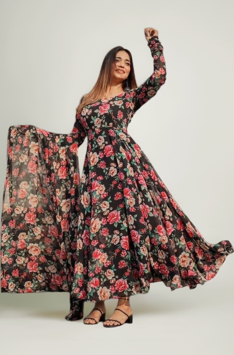 Modestouze Attires Women's Floral Georgette Kurta Set with Dupatta | Round Neck Full Sleeve Fit Flared Anarkali Kurti