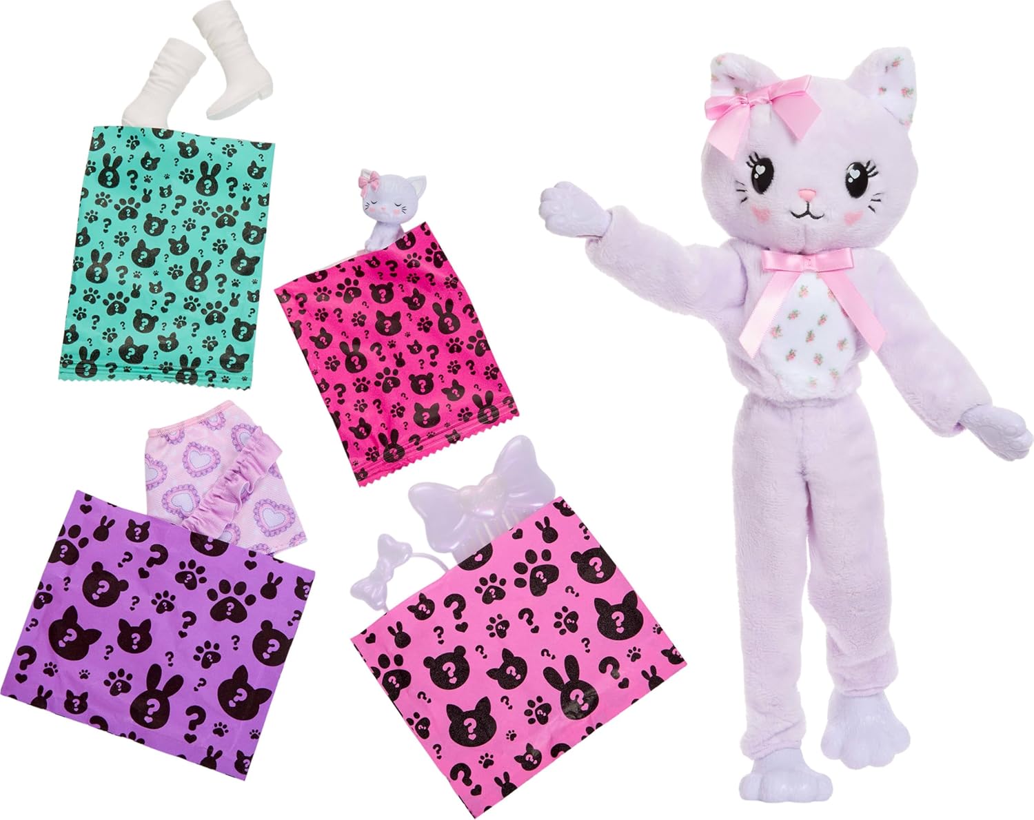 Barbie Cutie Reveal Doll & Accessories, Cuddly Series Kitten with 10 Surprises Including Color Change & Mini Pet