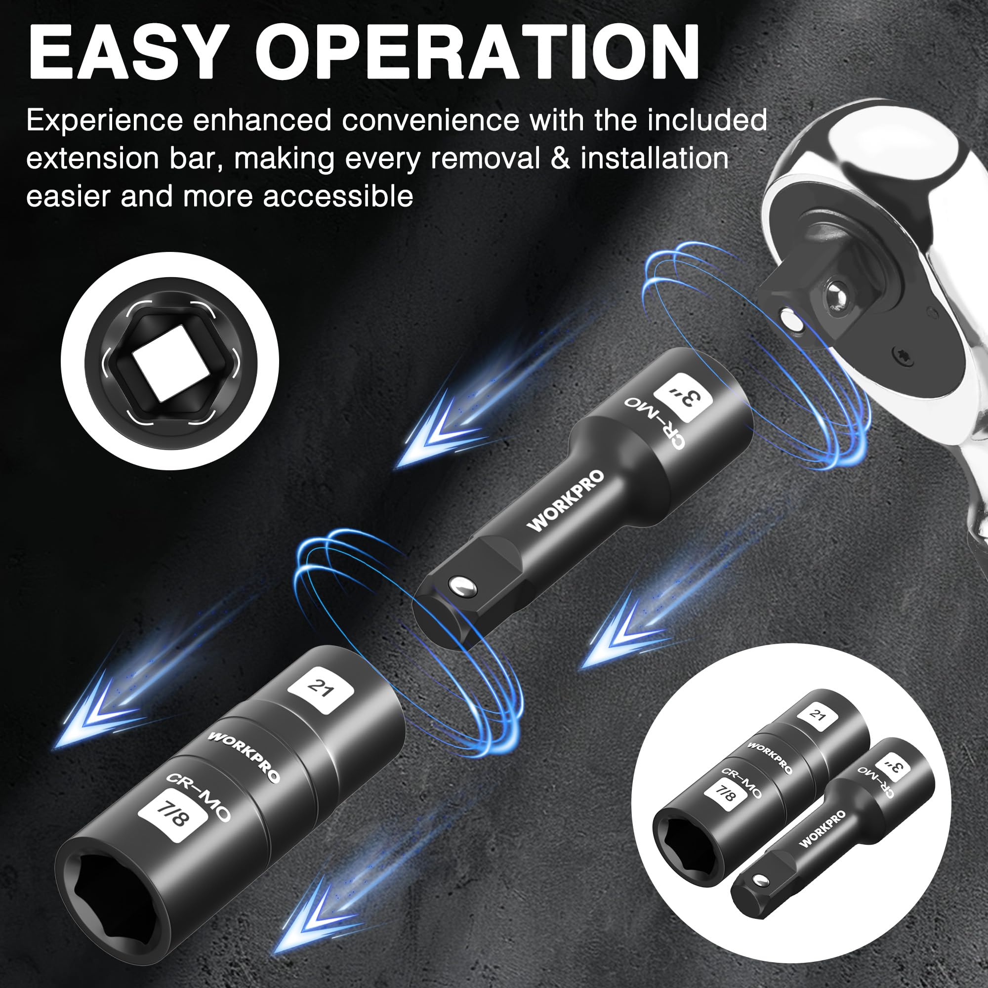 WORKPRO 1/2" DR. Impact Socket Set, Cr-Mo Steel Heavy Duty Flip Sockets with Extension Bar, 17 mm, 19 mm - Image 4