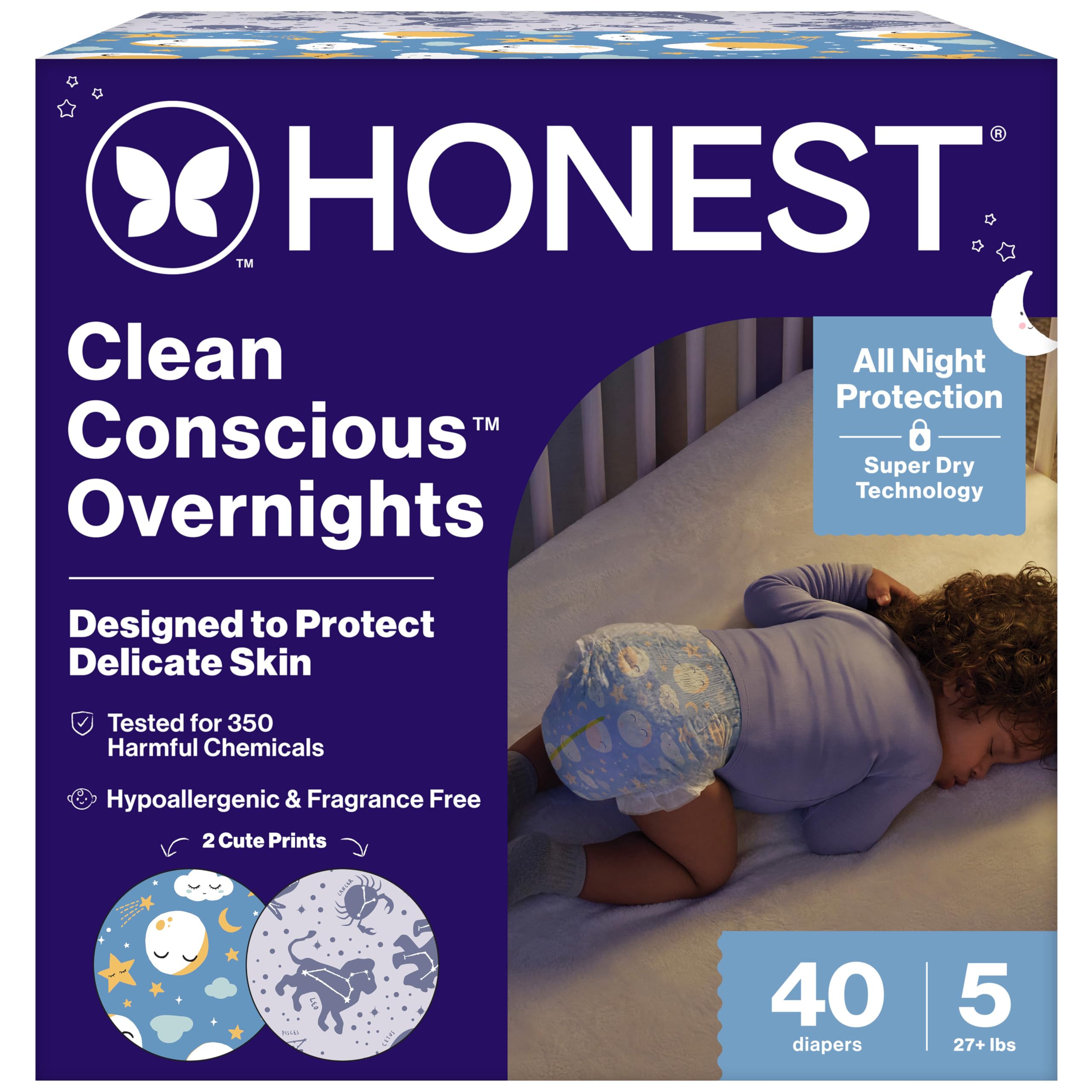 Clean Conscious Overnight Diapers | Plant-Based, Sustainable | Cozy Cloud + Star Signs | Club Box, Size 5 (27+ lbs), 40 Count