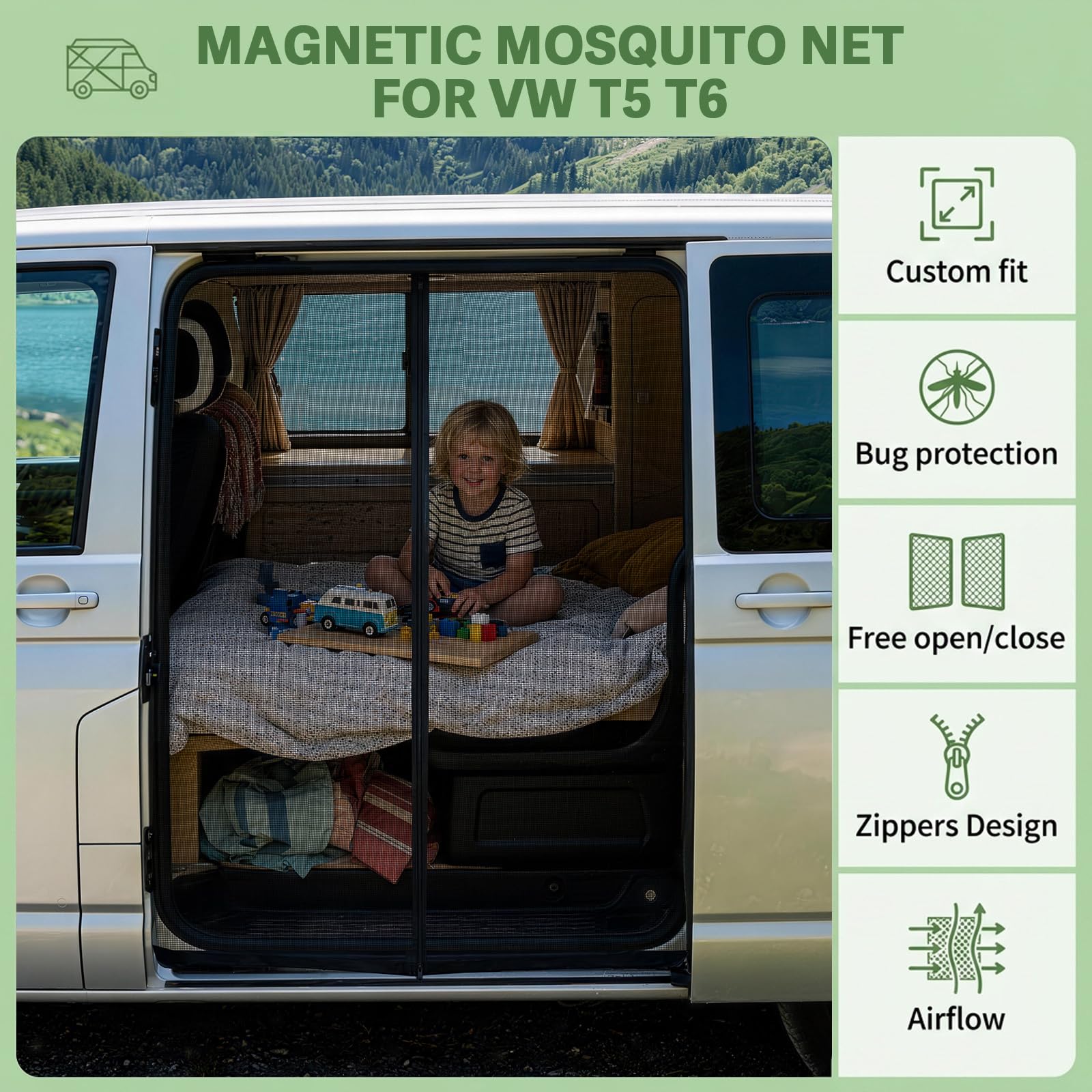 ZATOOTO Moskitiera Magnetyczna Do Drzwi Przesuwnych VW T5 T6 Z Zamkiem Błyskawicznym Siatka Na Komary Z Dobrą Widocznością Ulepszona Wersja Do Kampera