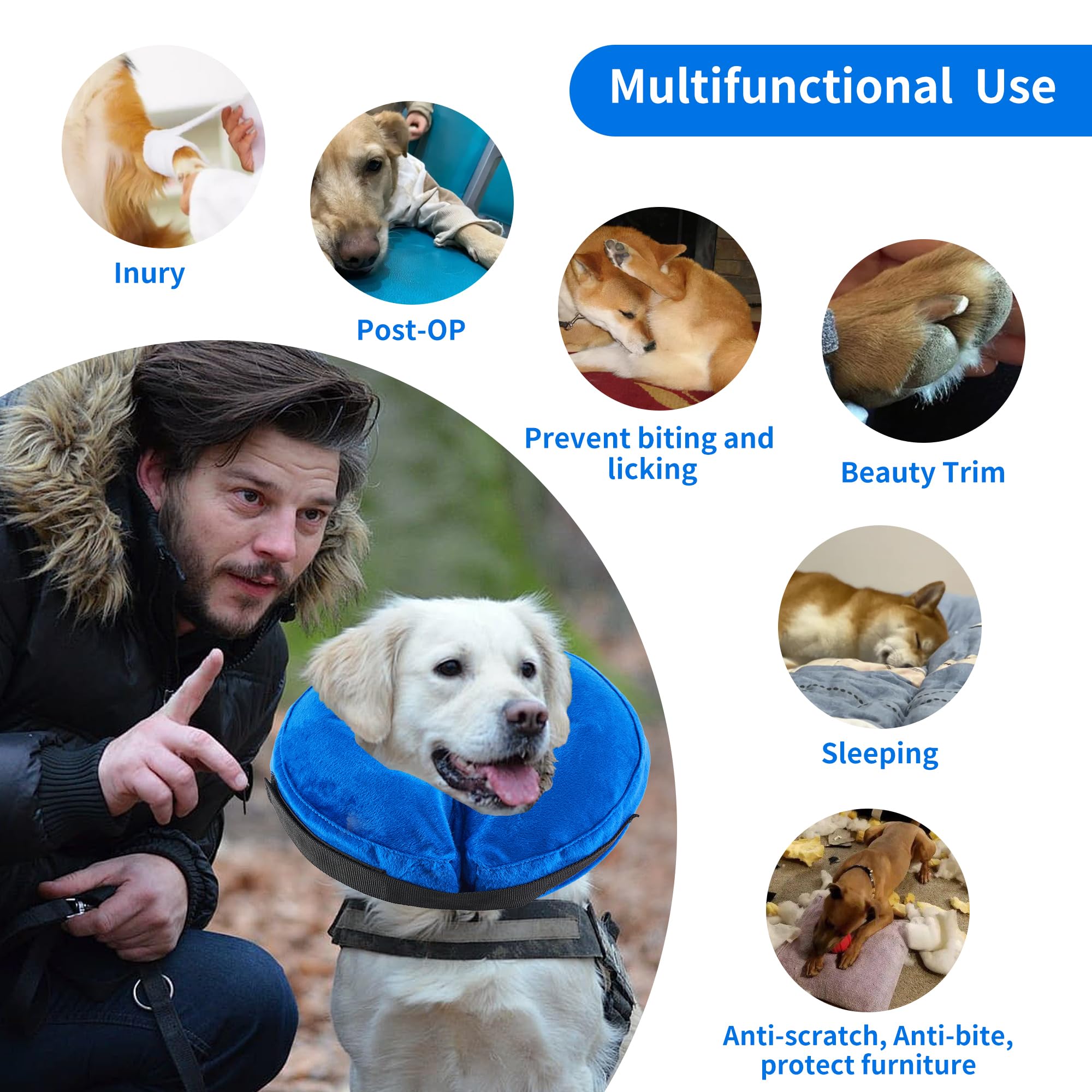 Collare gonfiabile per cani, collare protettivo regolabile dopo interventi chirurgici, morbido collare anti-perdite con materiale traspirante, collare elisabetano per cani (blu, L)