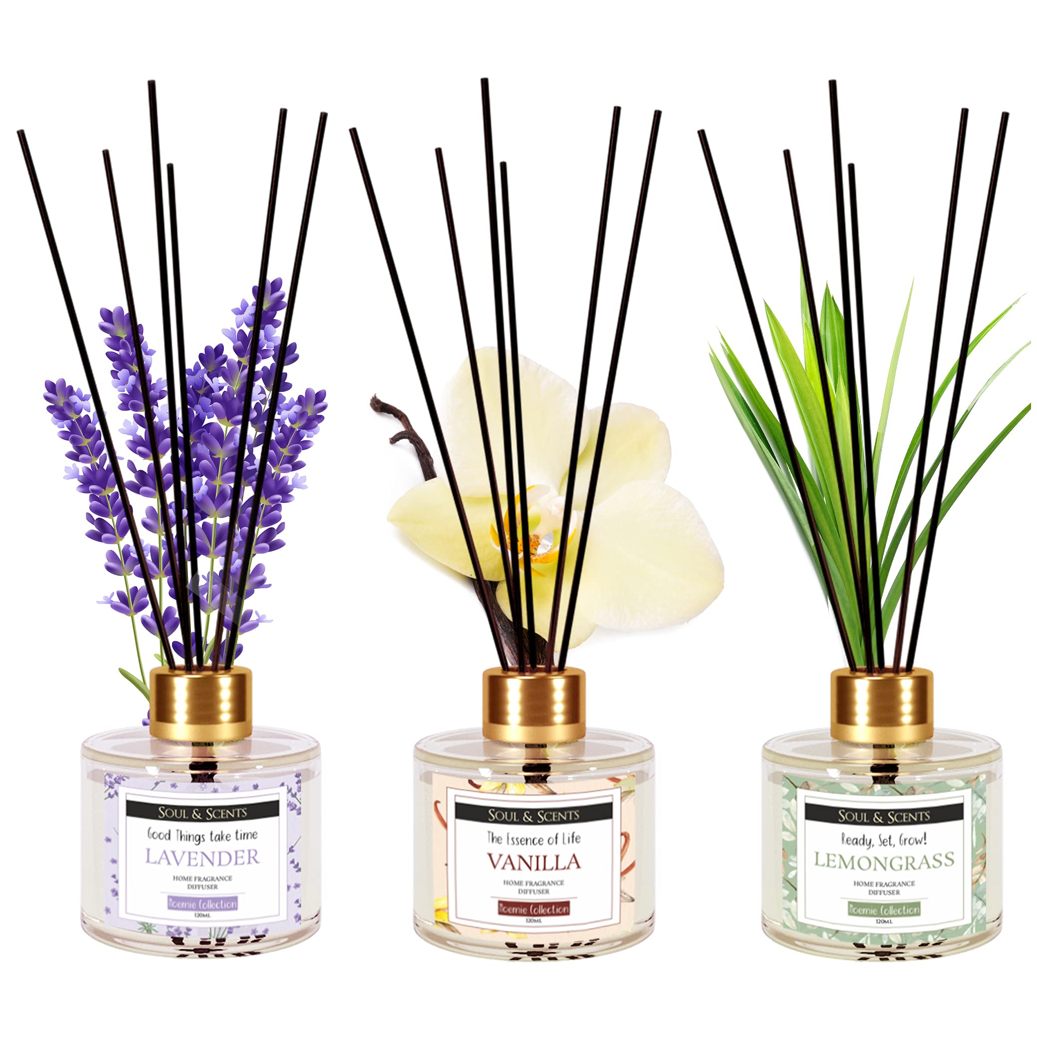 Soul & ScentsLavender, Vanilla & Lemongrass Reed Diffuser Set - 120ml with 6 Fiber Sticks Each | Stress Relief & Aromatherapy | Scented Air Freshener for Home, Bedroom, Bathroom & Office | Pack of 3