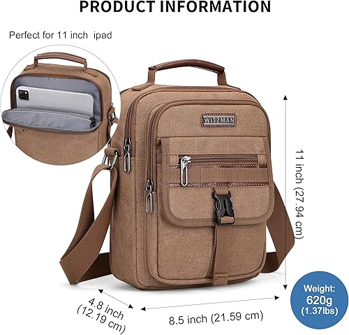 Miniatura 7 de WITZMAN Bolso cruzado para hombre, bolso de mensajero de lona, bolso vintage para hombre, bolso pequeño casual para el trabajo y viajes, Marrón