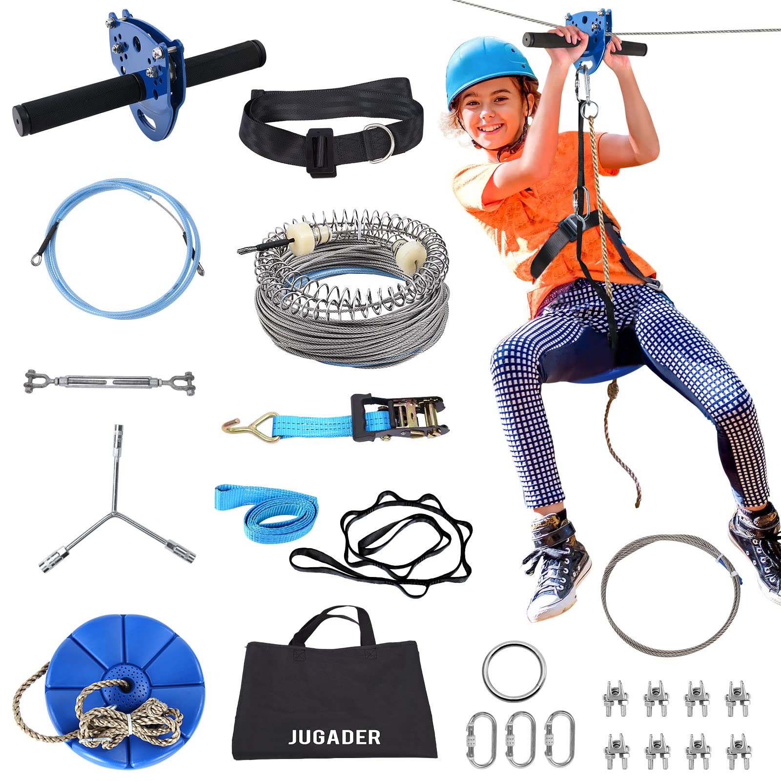 Jugader 100FT Zip Line Kits for Kids with Cable Tensioner Kit
