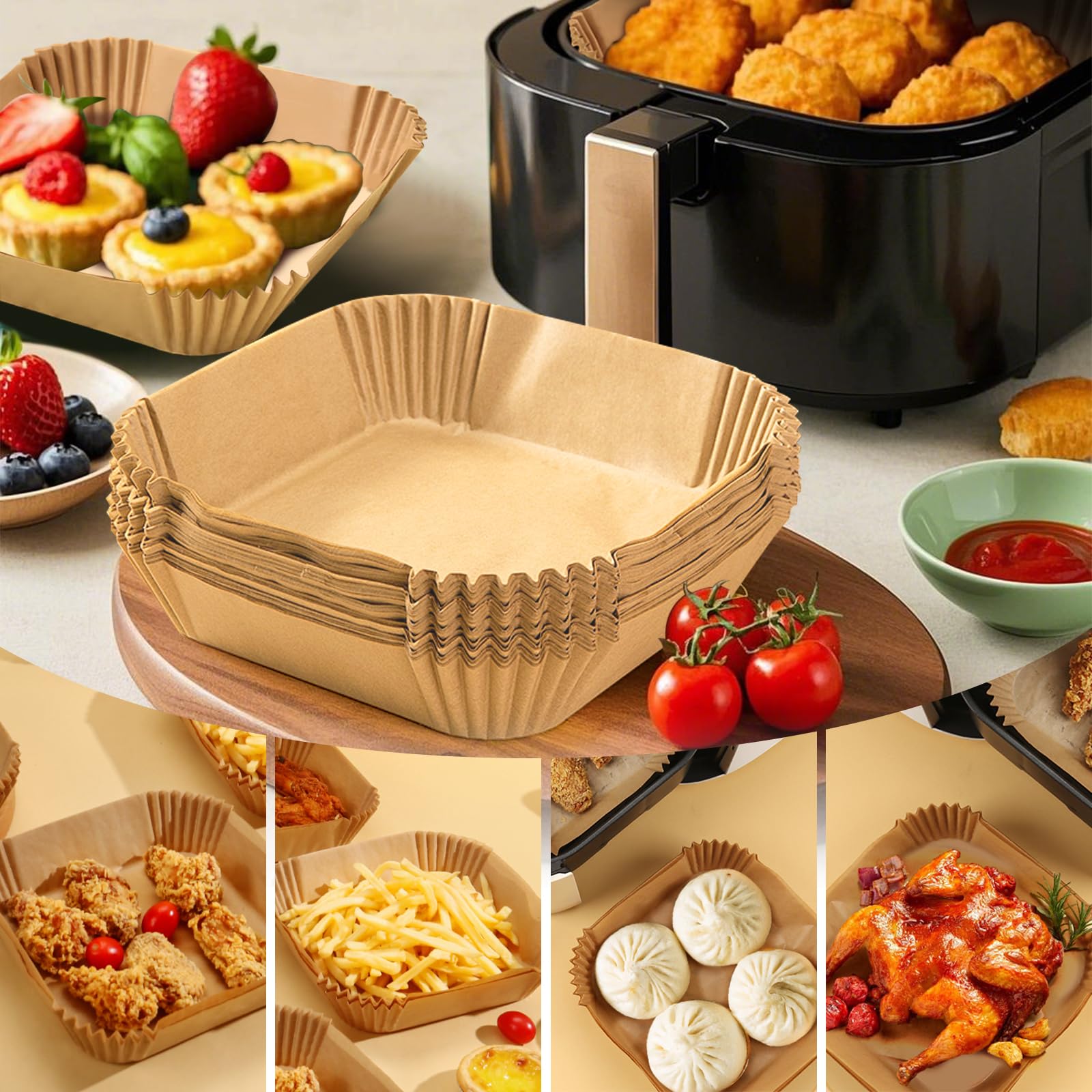 Roe Tenpo Carta Da Forno Per Friggitrice Ad Aria 20cm (100 Pezzi) – Antiaderente, Resistente Al Calore, Qualità Alimentare