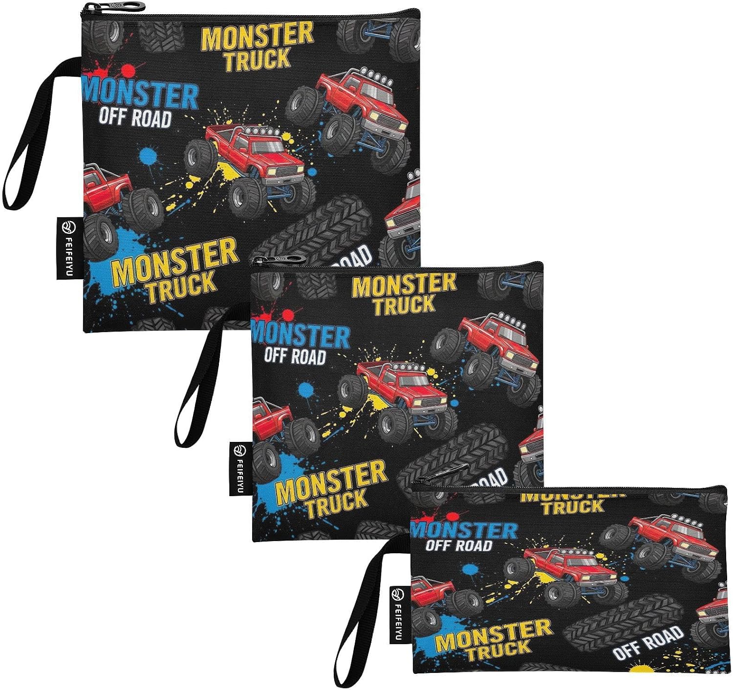 Vibrant Red Monster Trucks Reusable Snack Bag and Sandwich Bags Washable Food Storage Pouch with Zipper for Kids and Adults (Set of 3: S/M/L)