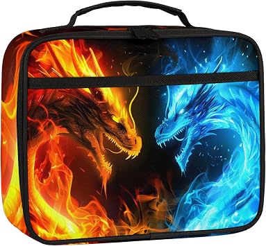 Kids Lunch Bag - Insulated Reusable Fire Blue Dragon Lunch Box for Boys Girls - Waterproof Leakproof Lunchbox Thermal Meal Tote Kit for School Picnic Travel Back to School Gifts