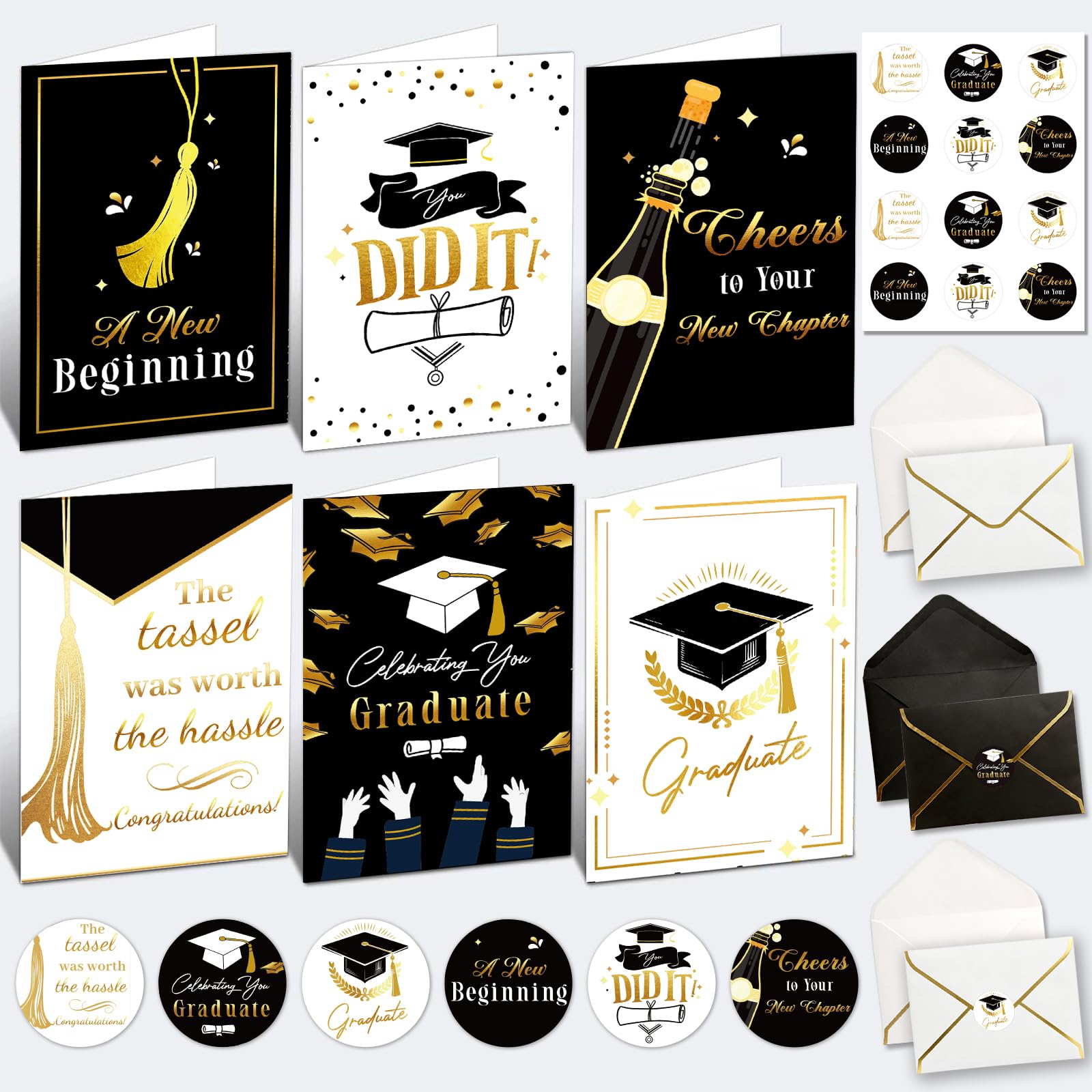 12 Pack Gold Foil Graduation Cards 5 x 7 in with Envelopes and Sticker Seals, 6 Elegant Designs with Printed Messages Inside, Congrats Cards for High School & College Graduates