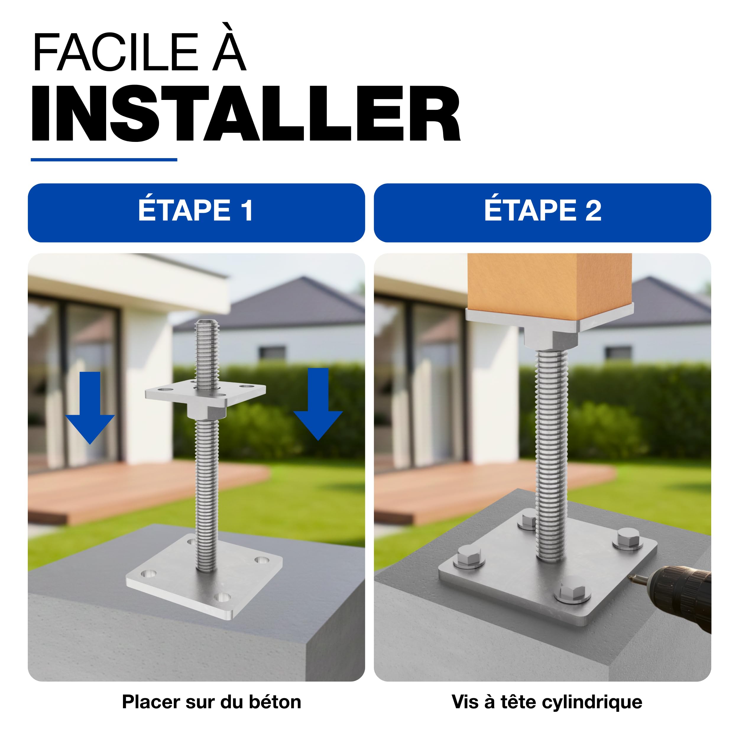 GeZu Impex Support de poteau Galvanisé à chaud Lot de 12 70 x 70 mm hauteur reglable platine bois pied poteaux clôture