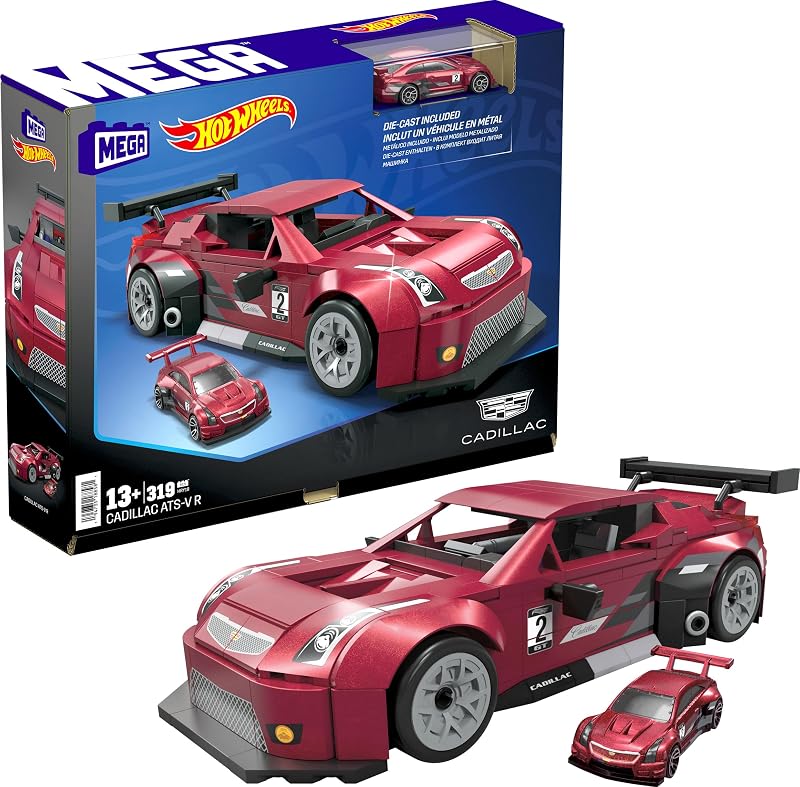 ​MEGA Hot Wheels Juguete de construcción de automóviles coleccionable, Cadillac ATS-V R con 319 piezas y modelo fundido a presión, juego de construcción y exhibición para coleccionistas, rojo