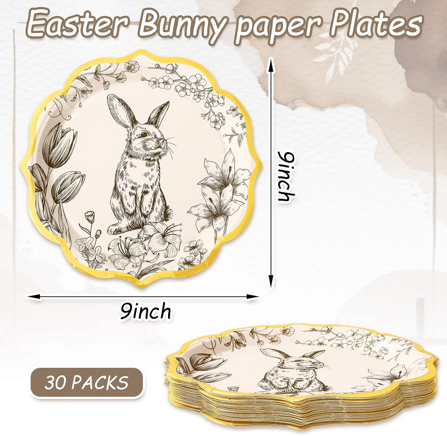 JarThenaAMCS 30Pcs Easter Paper Plate Scalloped Gold Foil Bunny Floral Disposable Plate Vintage Rabbit Dinnerware Plate for Spring Baby Shower Birthday Party Table Decor Supplies 9 In - Image 2