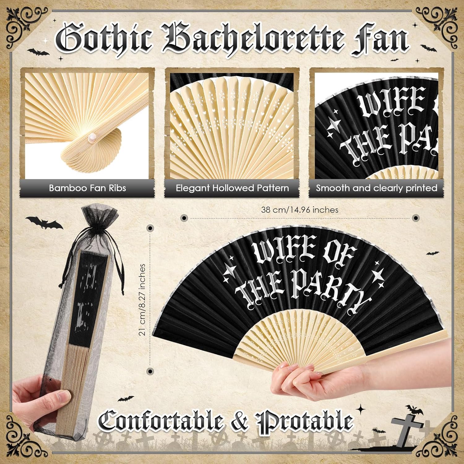 JaGely 4 Pcs Gothic Bachelorette Party Accessories Set, Bride Crystal Crown Sunglasses Sash and Fan for Bridal Shower(Wife of the Party)