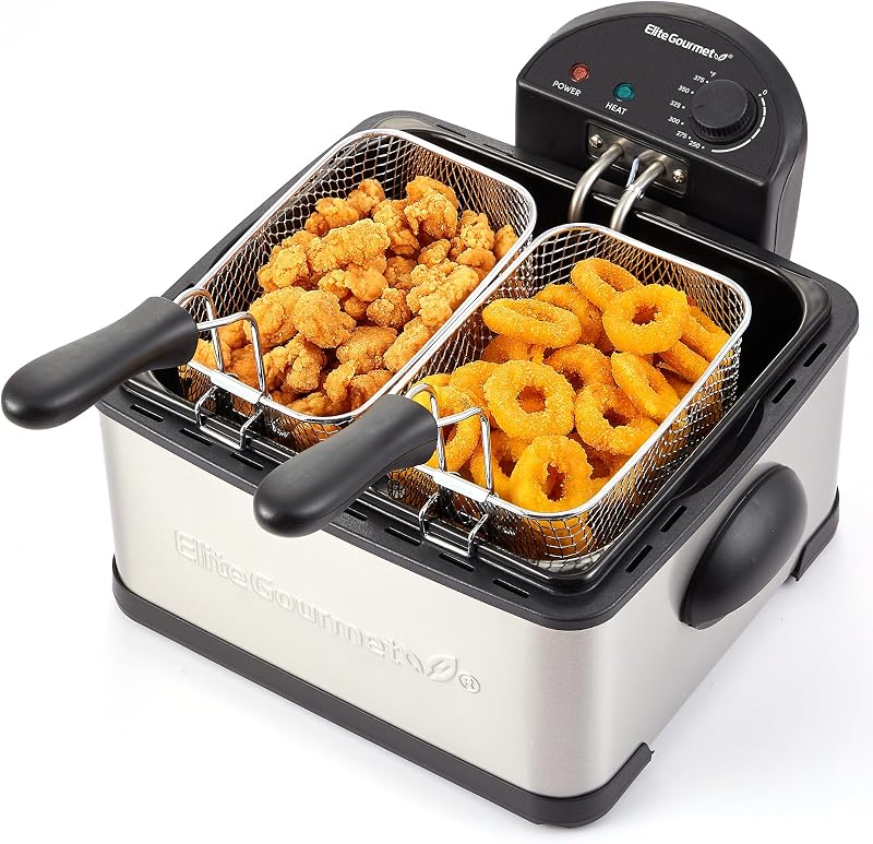 Freidora Elite Gourmet, cestas divididas dobles de 2 cuartos, 4.5 cuartos, acero inoxidable | 1700 vatios, separa los alimentos para cocinarlos simultáneamente, ideal para familias y preparación de comidas