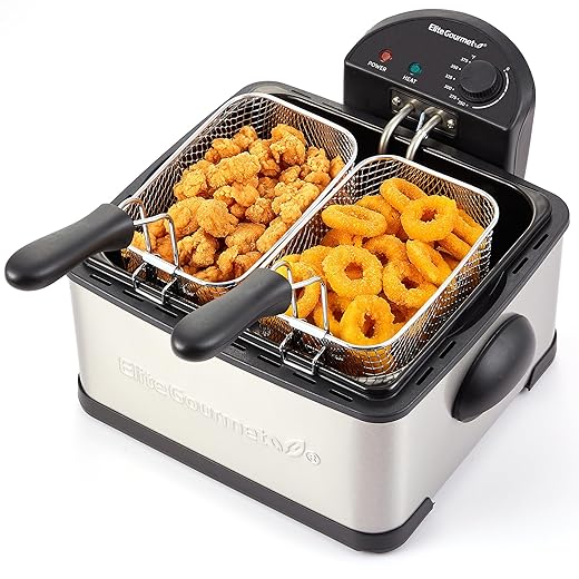 Elite Gourmet EDF434 Electric Deep Fryer 4.5 Quart Oil Capacity with Temperature Knob, 2 Baskets, Powerful 1700 Watts, Lid with Anti-Odor Filter & Viewing Window, Stainless Steel