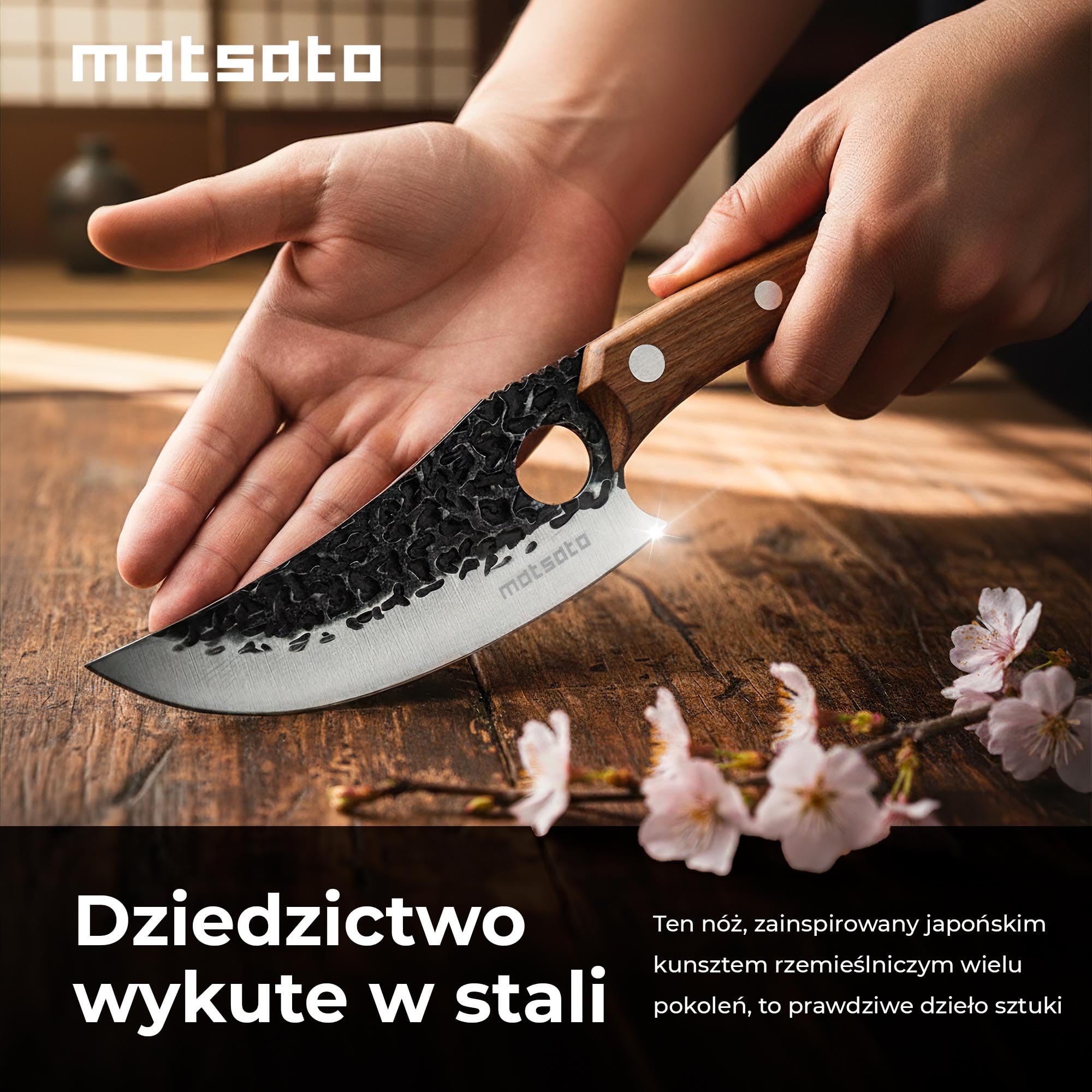 Matsato Zestaw 3 Noży Kuchennych Stal Nierdzewna Bukowy Uchwyt | Nóż szefa kuchni, nóż do mięsa, nóż uniwersalny. Rączka z drewna bukowego.