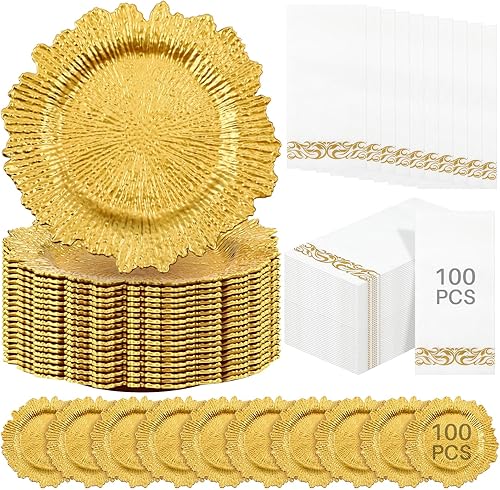 Nitial Juego de 200 platos de carga de arrecife a granel, 100 cargadores de platos de plástico de 13 pulgadas, platos metálicos con borde con