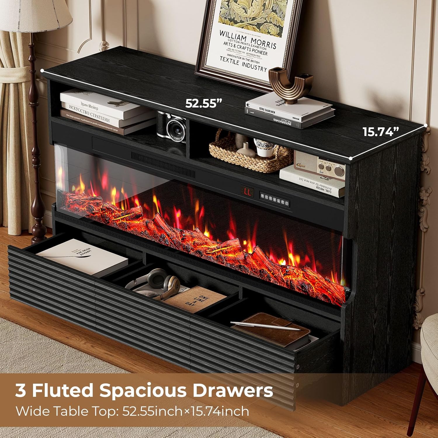 BREEZEHEAT Fireplace TV Stand with 50inch 3 Sided Electric Fireplace, Fluted Fireplace Entertainment Center with 3 Drawers, Mid Century Modern TV Consoles for Living Room, Black