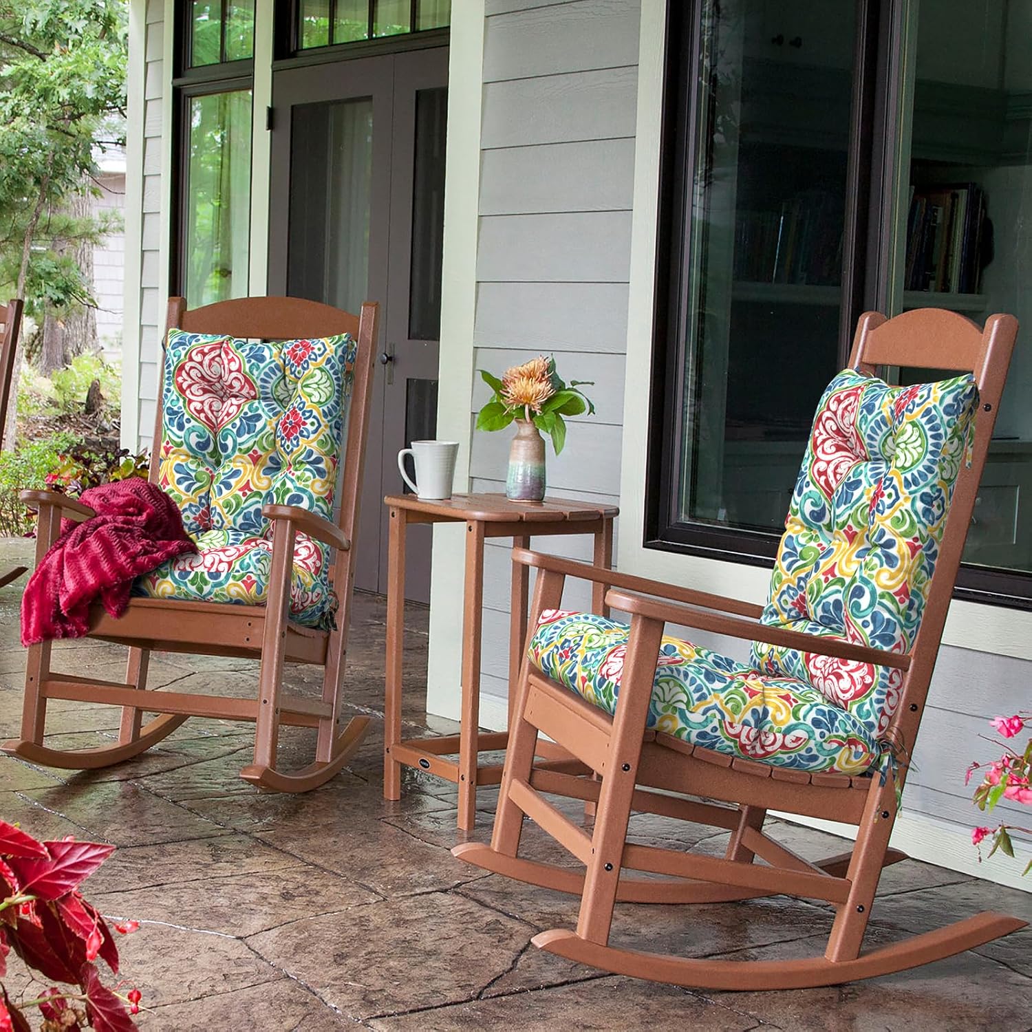 LVTXIII 2 Pack Outdoor Rocking Chair Cushion Set, Patio Fade and Water Resistant Tufted Seat Cushions with Ties for Rocking Chairs Use, 38x17x3, Damask Red