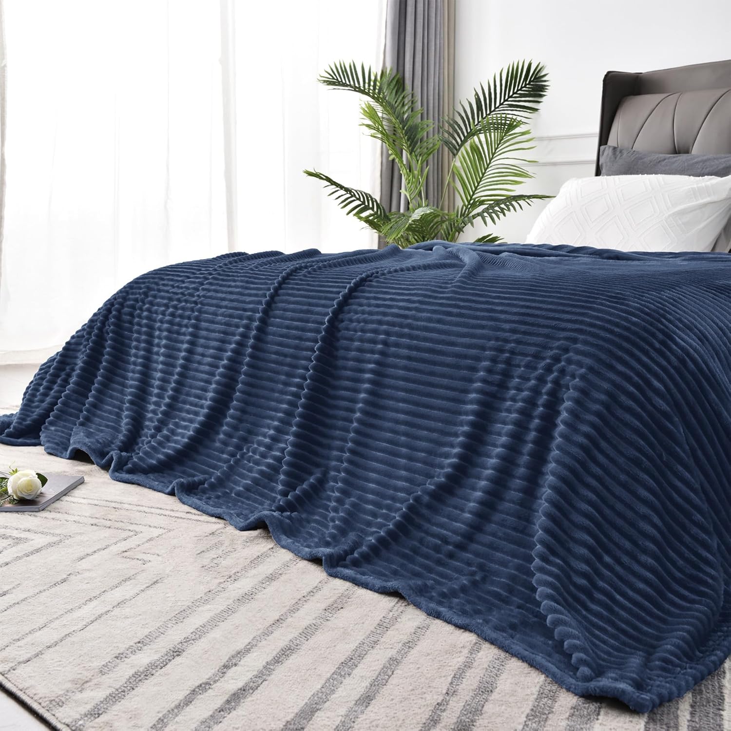 BEDELITE Fleece Blanket King Size – 3D Ribbed Jacquard Soft and Warm Decorative Fuzzy Blankets – Cozy, Fluffy, Plush Lightweight Throw Blankets for Couch, Bed, Sofa(Navy Blue, 108x90 inches)