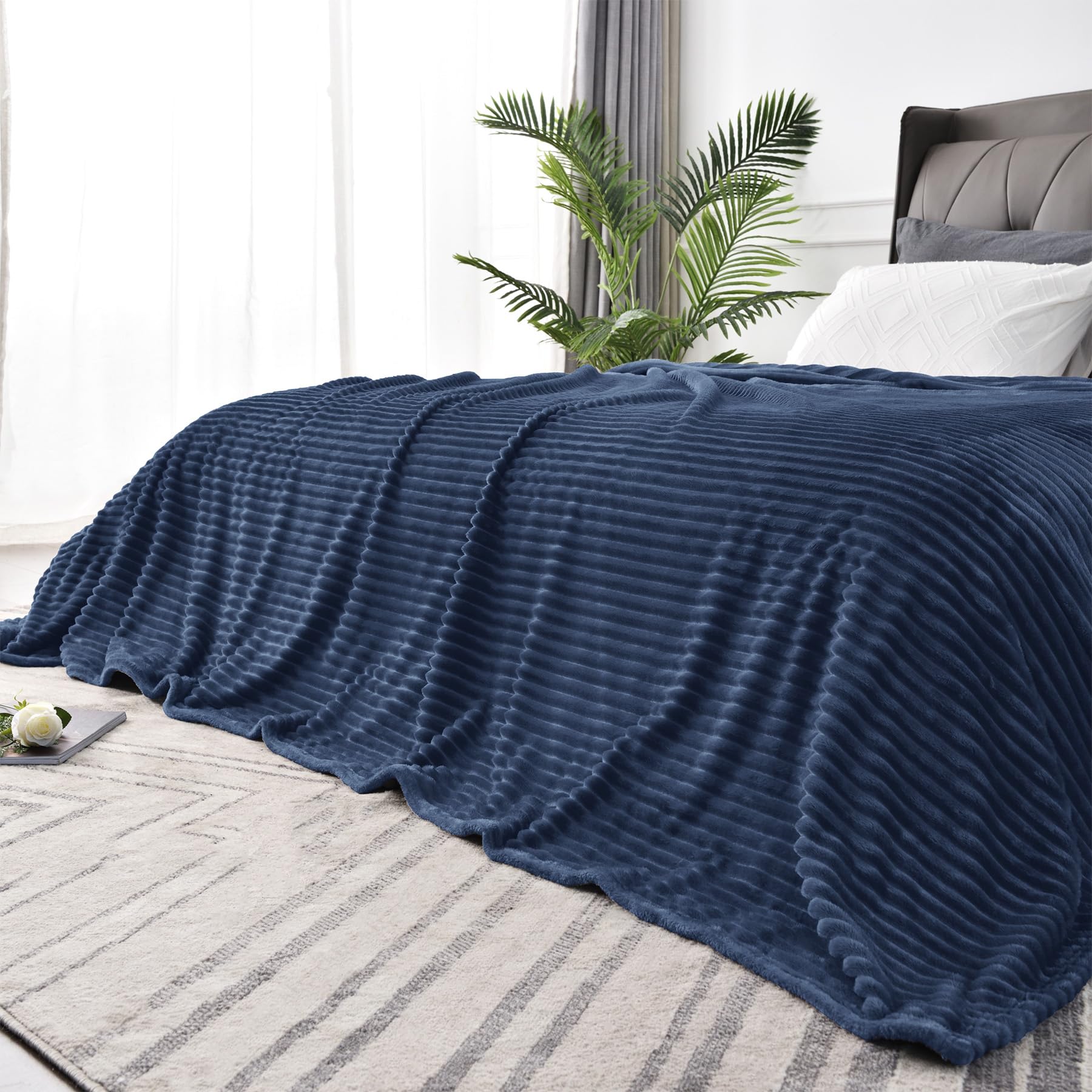 BEDELITE 3D Ribbed Jacquard Navy Blue Full Size Blankes for Bed, 84x90 Inch | Soft Warm Decorative Fluffy Blanket, Cozy Fuzzy Lightweight Plush Fleece Throw Blankets for Bed, Room Decor, Gift for Women