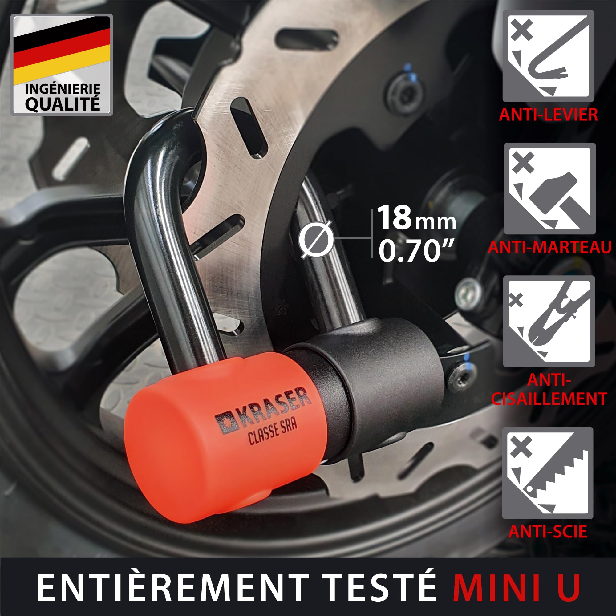 KRASER KR50120L Antivol Moto Homologué SRA | Chaîne ø13,5 Haute Sécurité Acier Cémenté Testée + Robust Mini U ø18mm, 3 Clés (autres 2), Bloque Disque + Chaîne, 2en1, Recommandé Assurances, 120cm Lasso