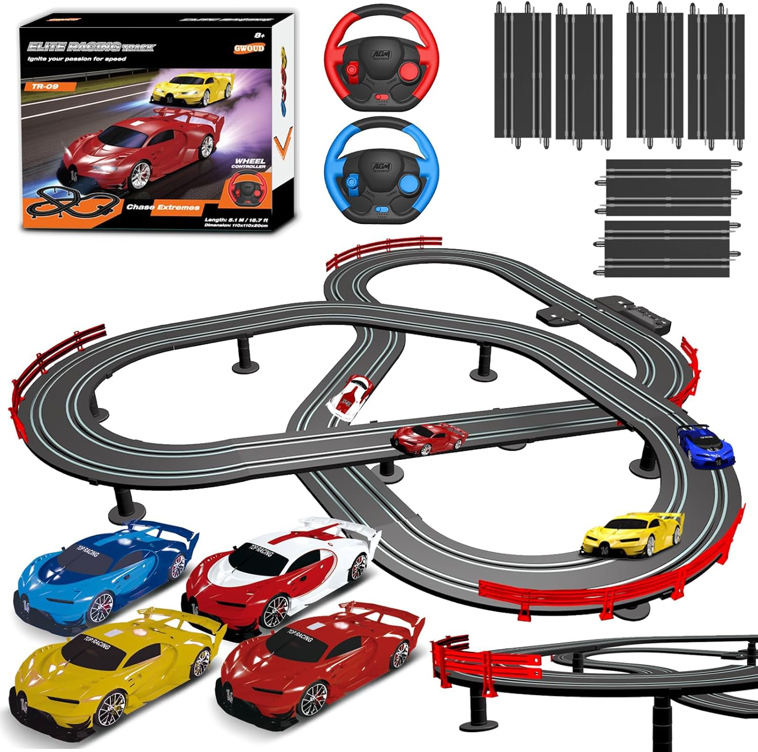 Slot Car Race Track Set with 4 Light-Up Cars, 2 Speed Adjustable Steering Wheel Controllers, 16.7ft Track with Overpass, Lap Counter, Dual Power Mode, 6 Extra Straight Tracks for Extended Racing, Gift