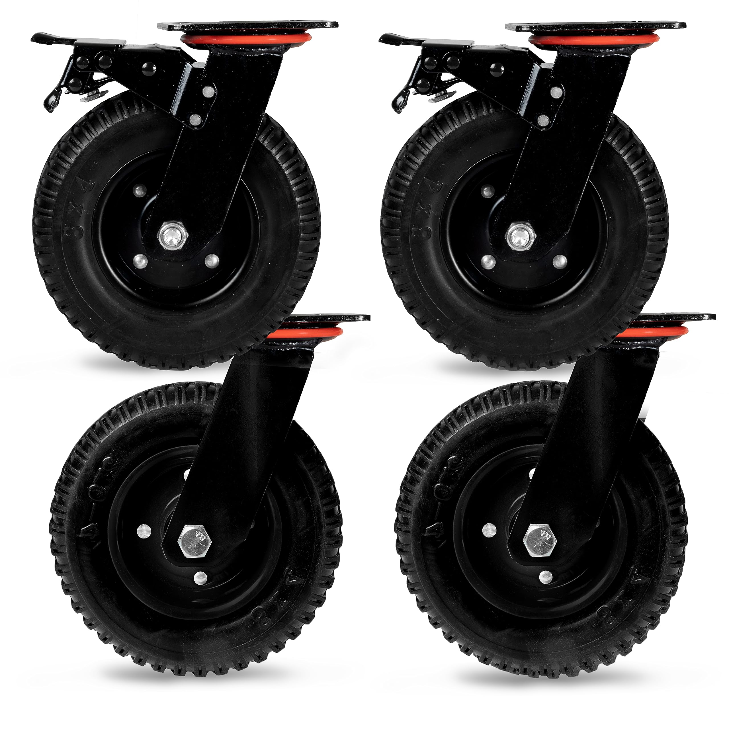 Iron Forge Tools Heavy Duty Black Swivel Knobby Caster, 7-7/8" Diameter, Set of 4 Flat-Free Solid Rubber Knobby Tread Caster Wheels with Swiveling Bases, 8 Inch Two Casters with Brakes and Two Without