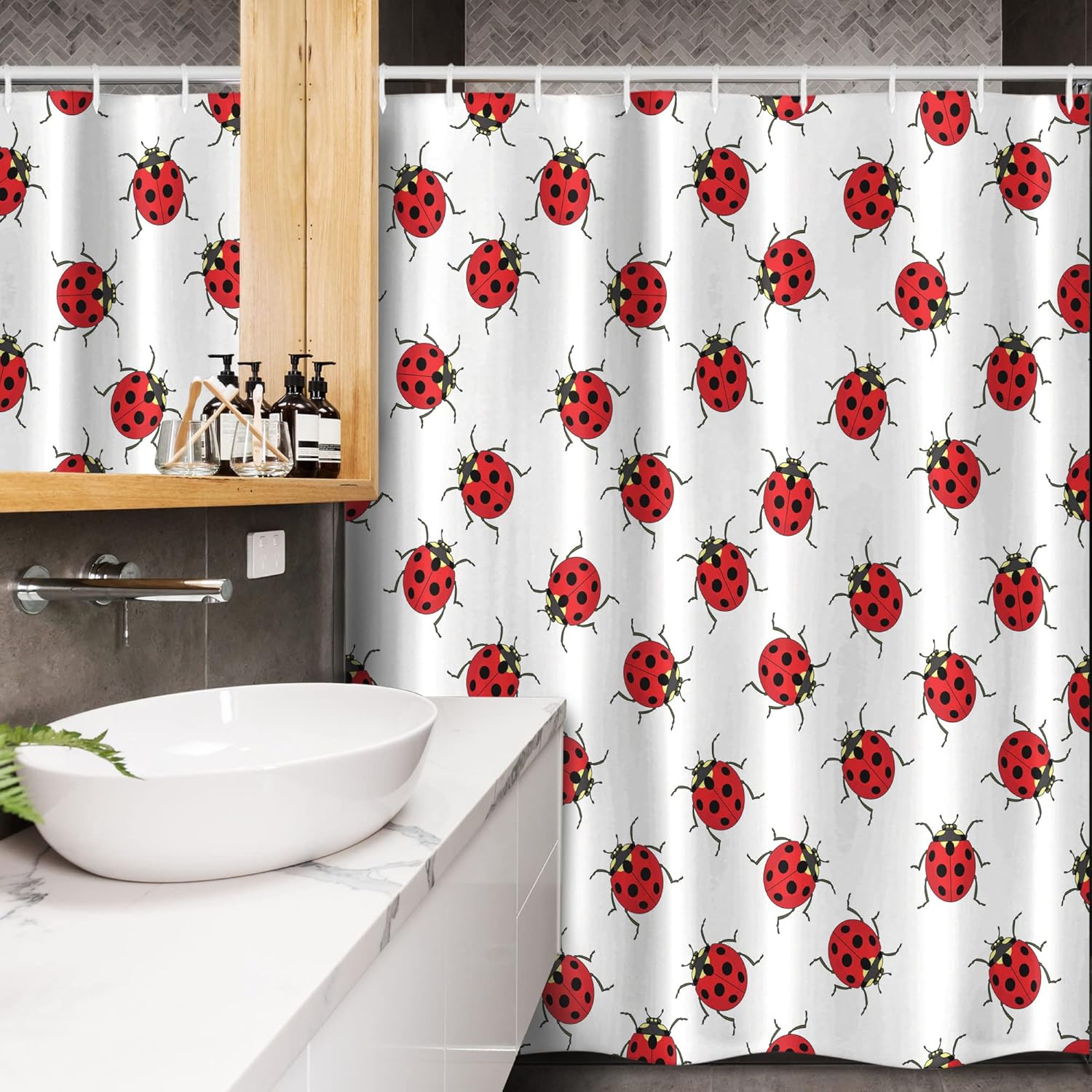 Ambesonne Cartoon Stall Shower Curtain, Repetitive Ladybugs Pattern of Dotted Marked Animal Theme Funny Cartoonish Print, Fabric Bathroom Decor Set with Hooks, 54" W x 78" L, White and Red