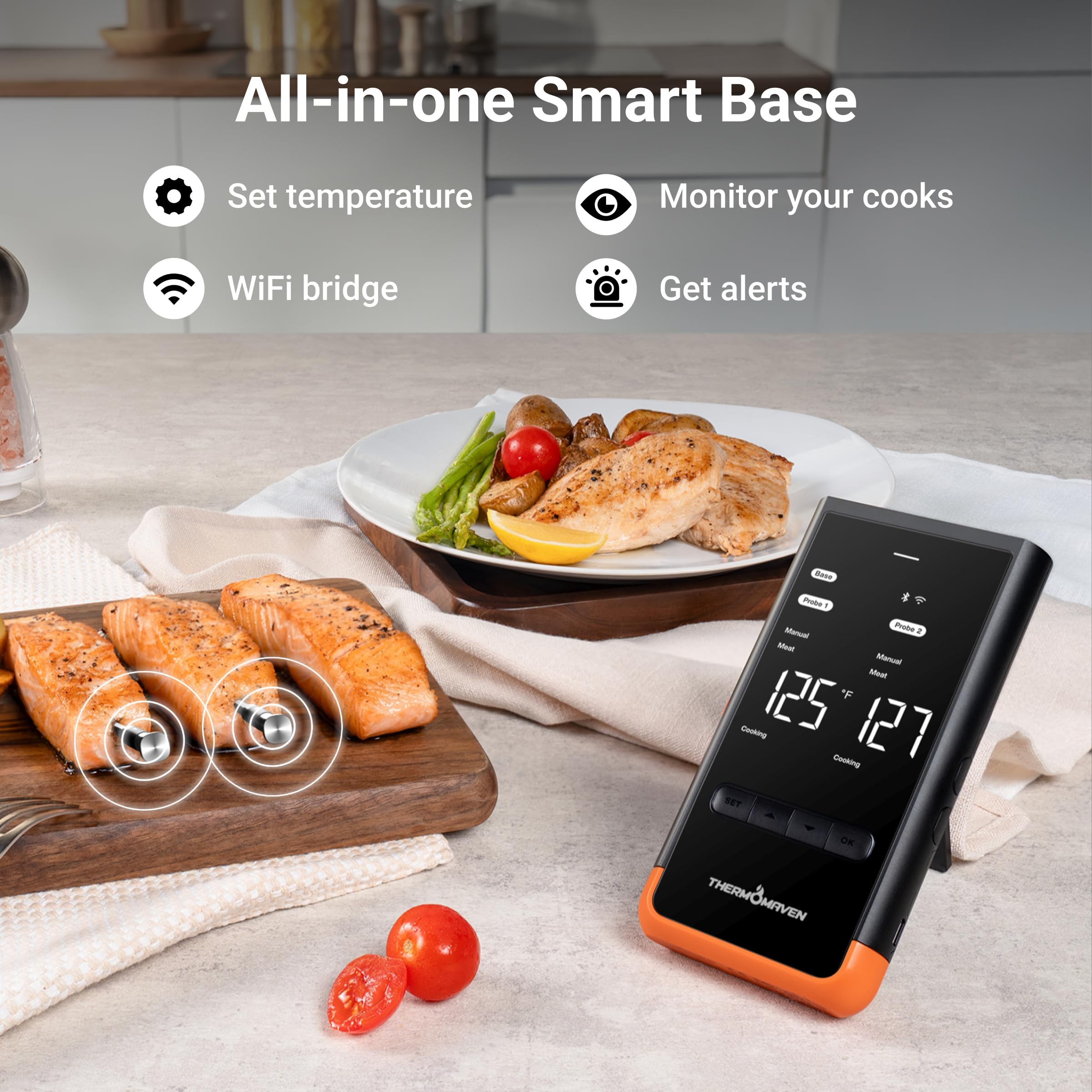 ThermoMaven Sub-1G Wireless Meat Thermometer, 2 Probes WiFi Thermometer | 3000FT Open Range, Smart App + Base Control, 6 Sensor NIST ±0.5°F Accuracy, BBQ Smoker Grill Oven, Brisket Steak Turkey Pork