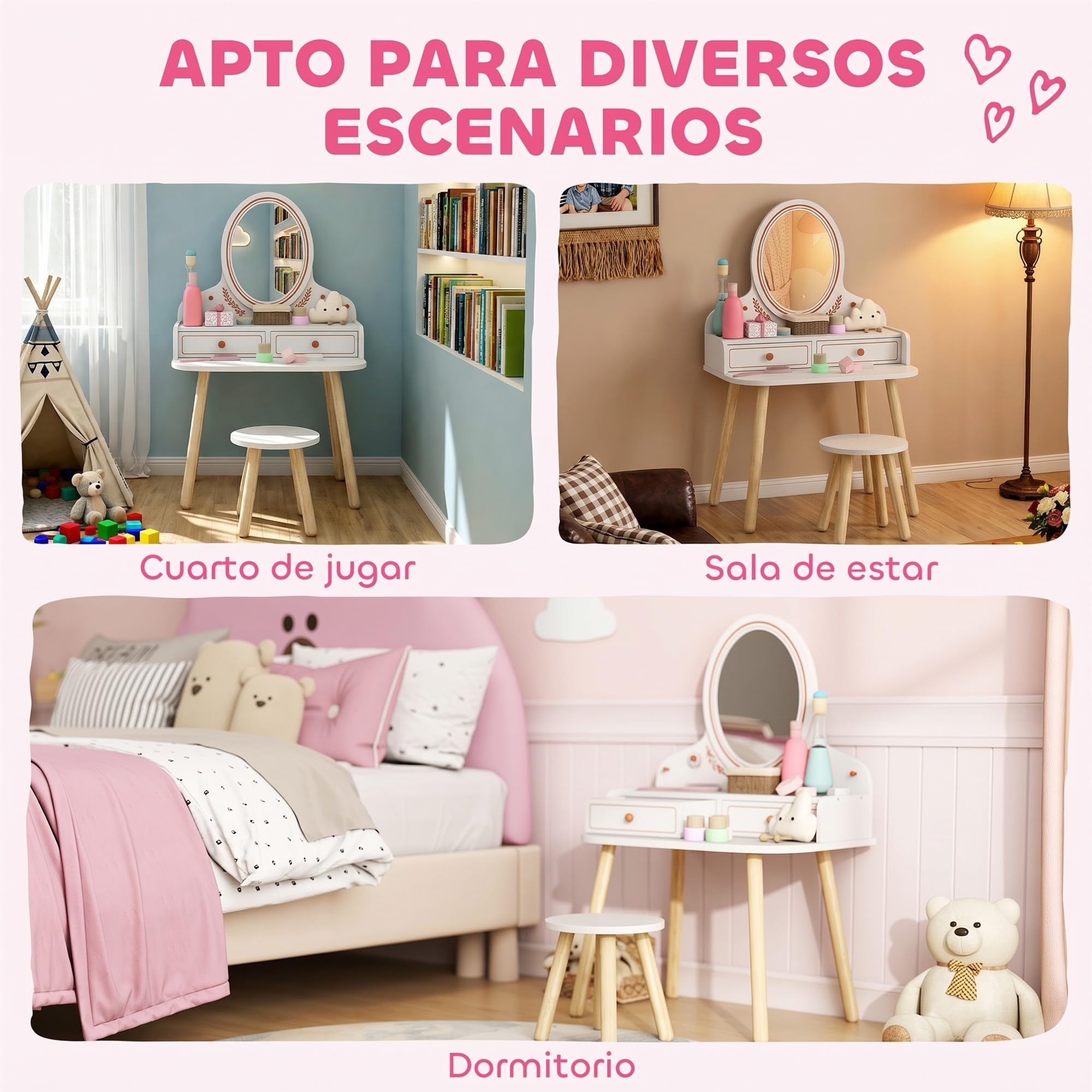 AIYAPLAY Tocador de Maquillaje Niña con Taburete, Espejo, 3-8 Años Blanco