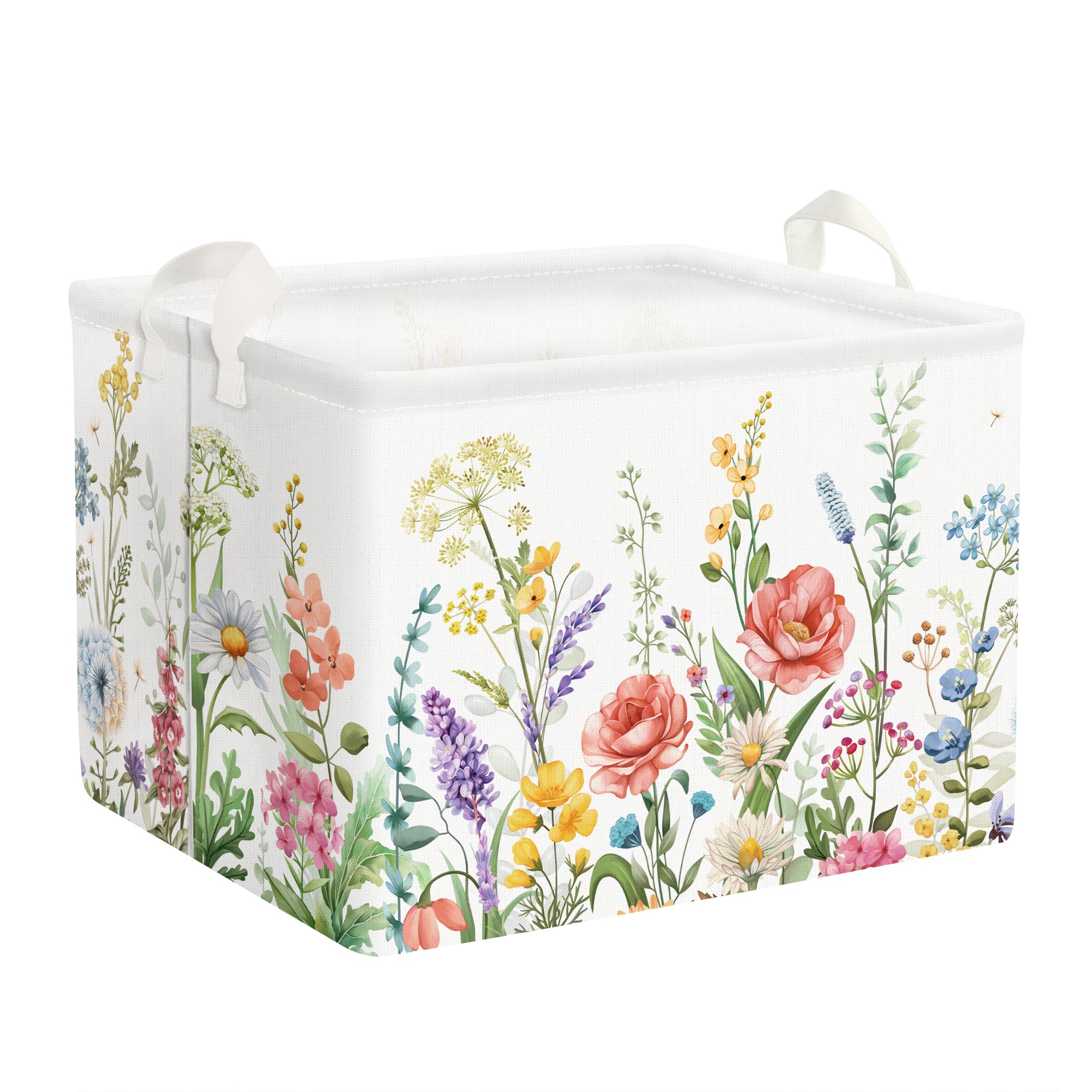 Clastyle 36L Wild Flower Plants Girls Storage Basket Spring Garden Daisy Rose Clothes Toy Nursery Bin Collapsible Rectangle Book Shelf Basket for Kids