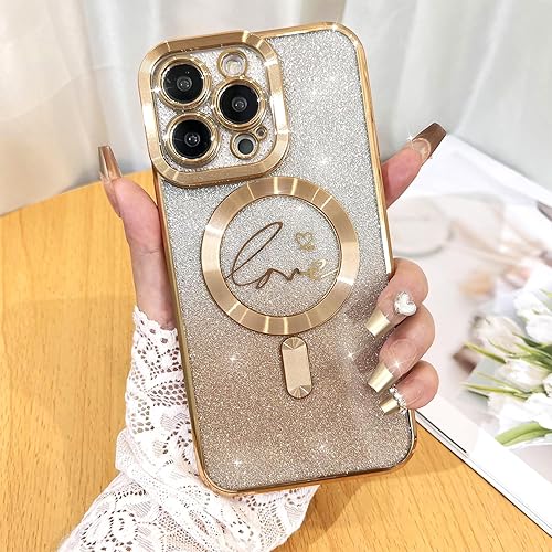 Miniatura 7 de Fiyart - Funda transparente magnética con purpurina para iPhone 13 Pro para mujeres, con grabado "Love" metálico, protección para cámara y