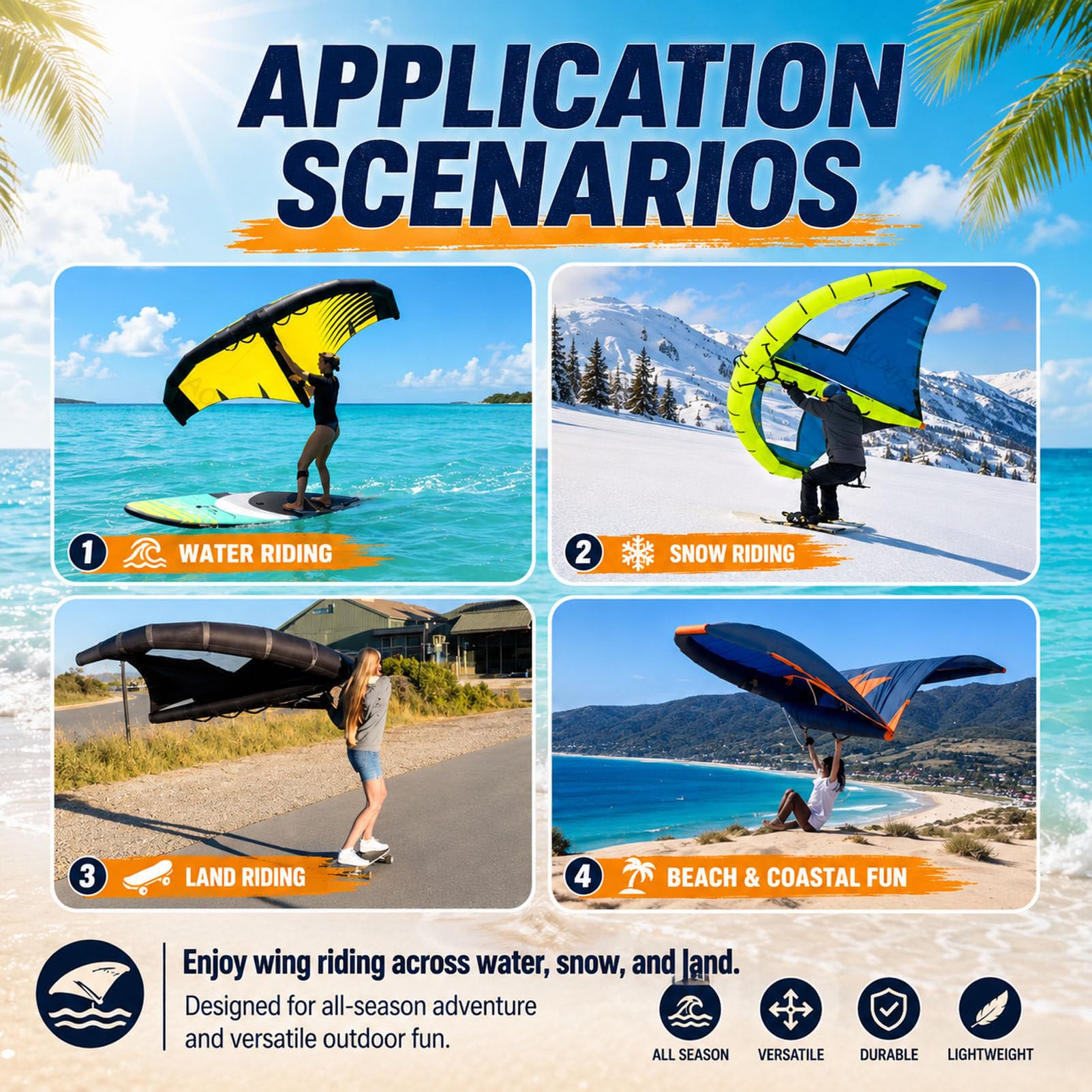 Aufblasbarer Surf-Windflügel mit ergonomischem Griff 4m² | 4/5/6 m² Flügelsegel mit zwei Luftkammern für Erwachsene, die Wingfoiling, Stand-Up-Paddling und Hydrofoiling betreiben