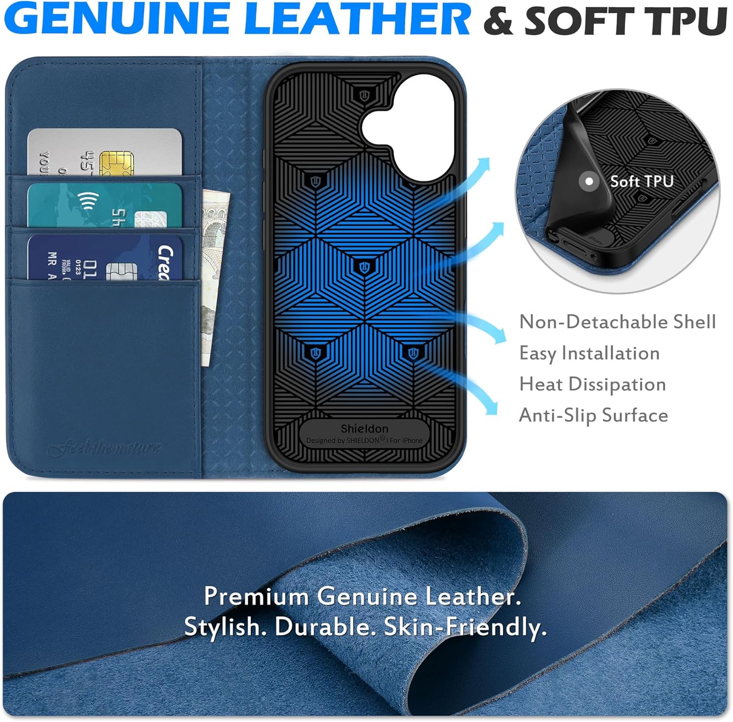 SHIELDON Genuine Leather Wallet Case for iPhone 17 5G 6.3-inch 2025 | RFID Blocking Credit Card Holder | Foldable | Magnetic | Kickstand | Shockproof Cover for Men Women | Royal Blue