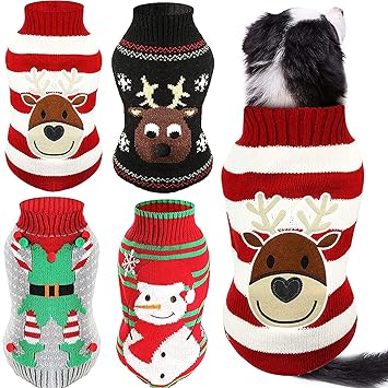 4 Pieces Christmas Dog Sweaters Dog Holiday Sweaters Puppy Snow Elk Reindeer Snowman Elf Sweaters Winter Knitwear Warm Clothes Funny Party Cosplay Dress for Small to Medium Dog Puppy Cats (Medium)