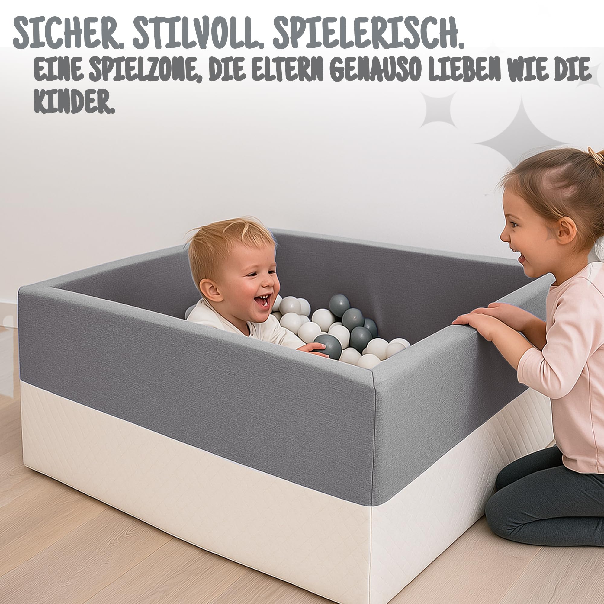 Rainbow Kids - XXL Luxus Bällebad Bällepool Bällebecken Spielbälle Kugelbad Bällchenbad Spielbecken Ball Bällepool (90x90x40 mit 200 Bällen) (Grau-Weiss)