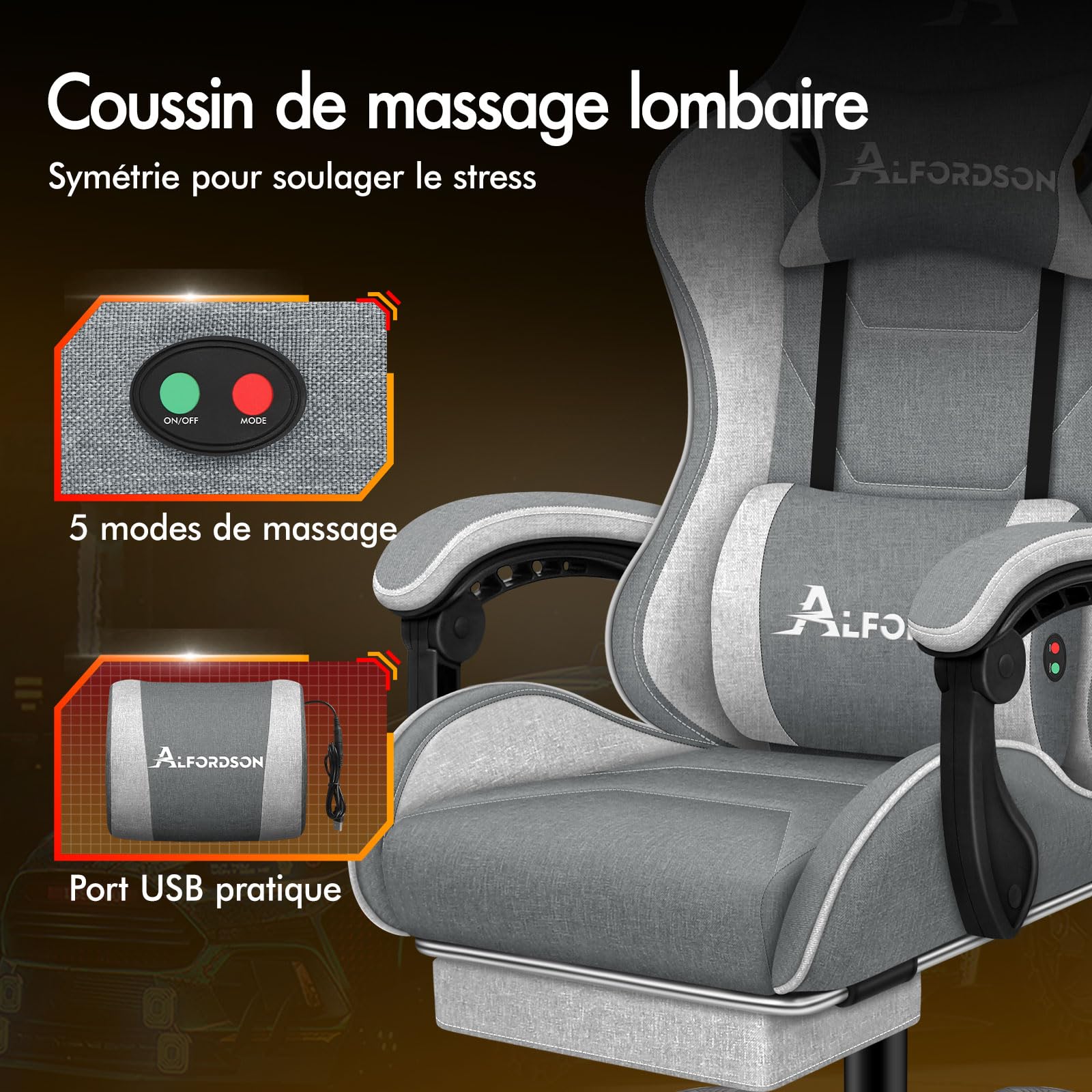 ALFORDSON Chaise de Bureau, Fauteuil de Jeu, massante, Ergonomique avec Repose-Pieds, Coussin Lombaire massant, rembourrée, pivotante en Tissu Lin,Gris Clair