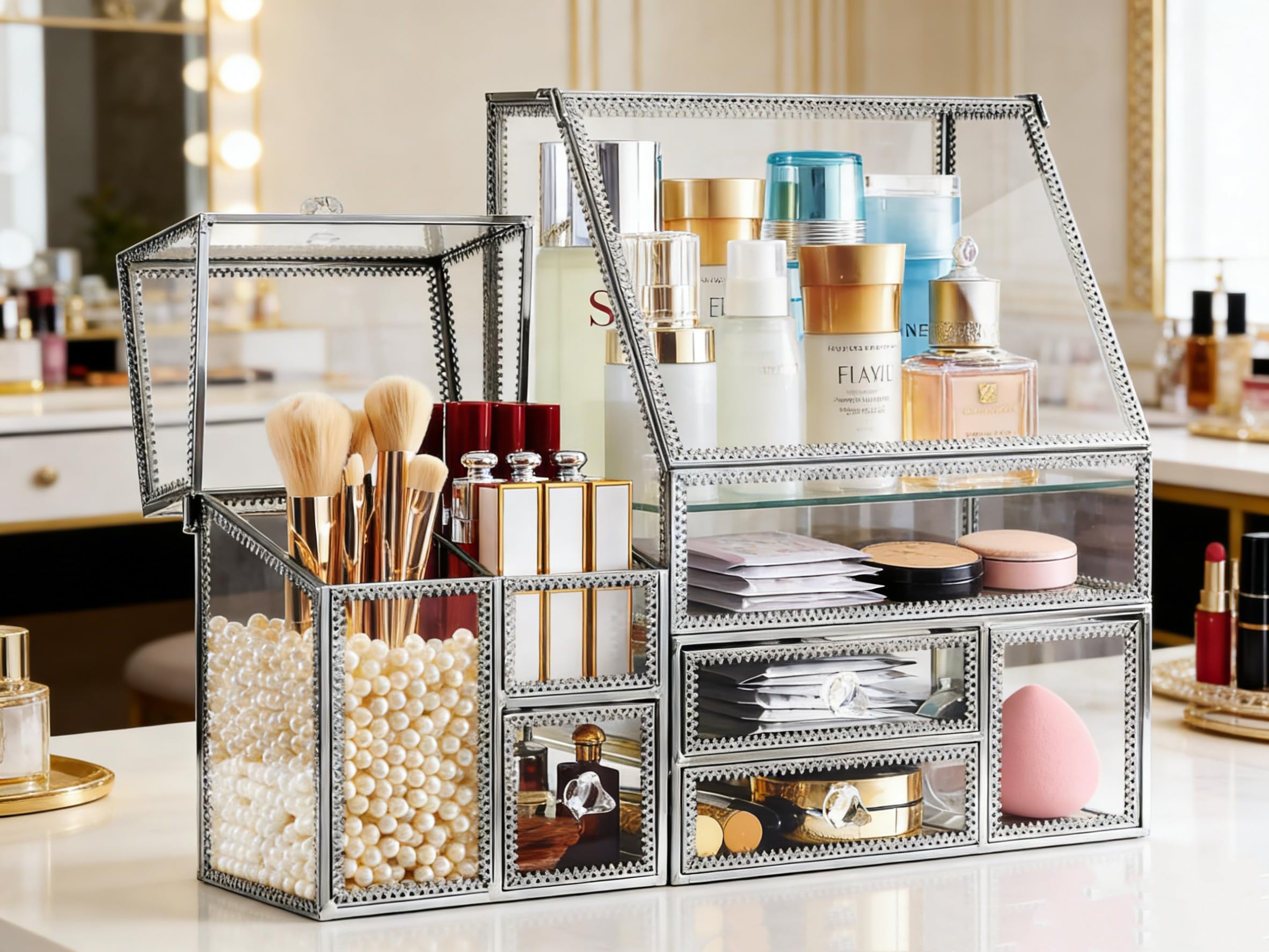 Amazon.co.jp: バニティ用ガラスメイクアップ オーガナイザー