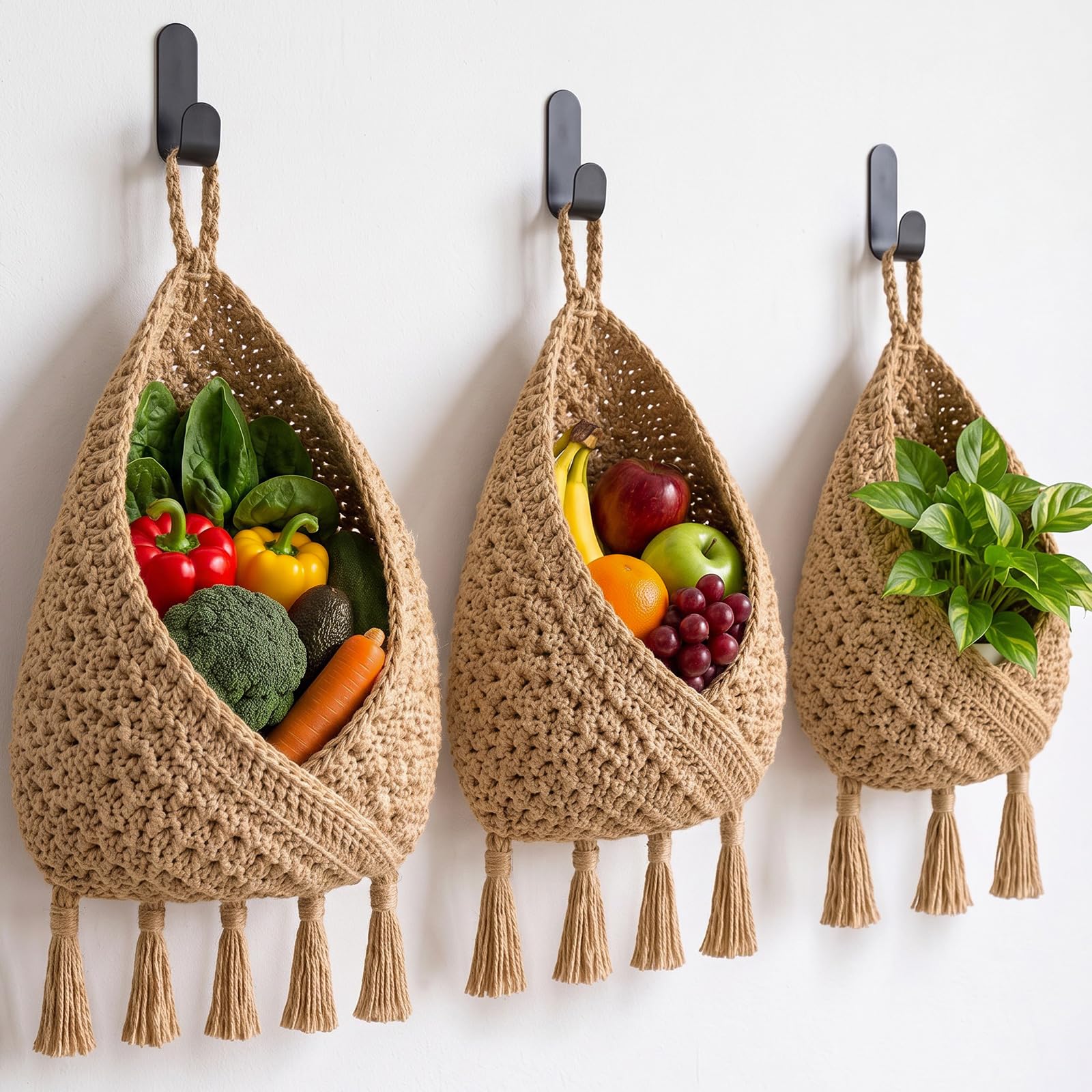 Honeydak 3 Hanging Baskets, Linen Brown, Tassel Envelope Basket