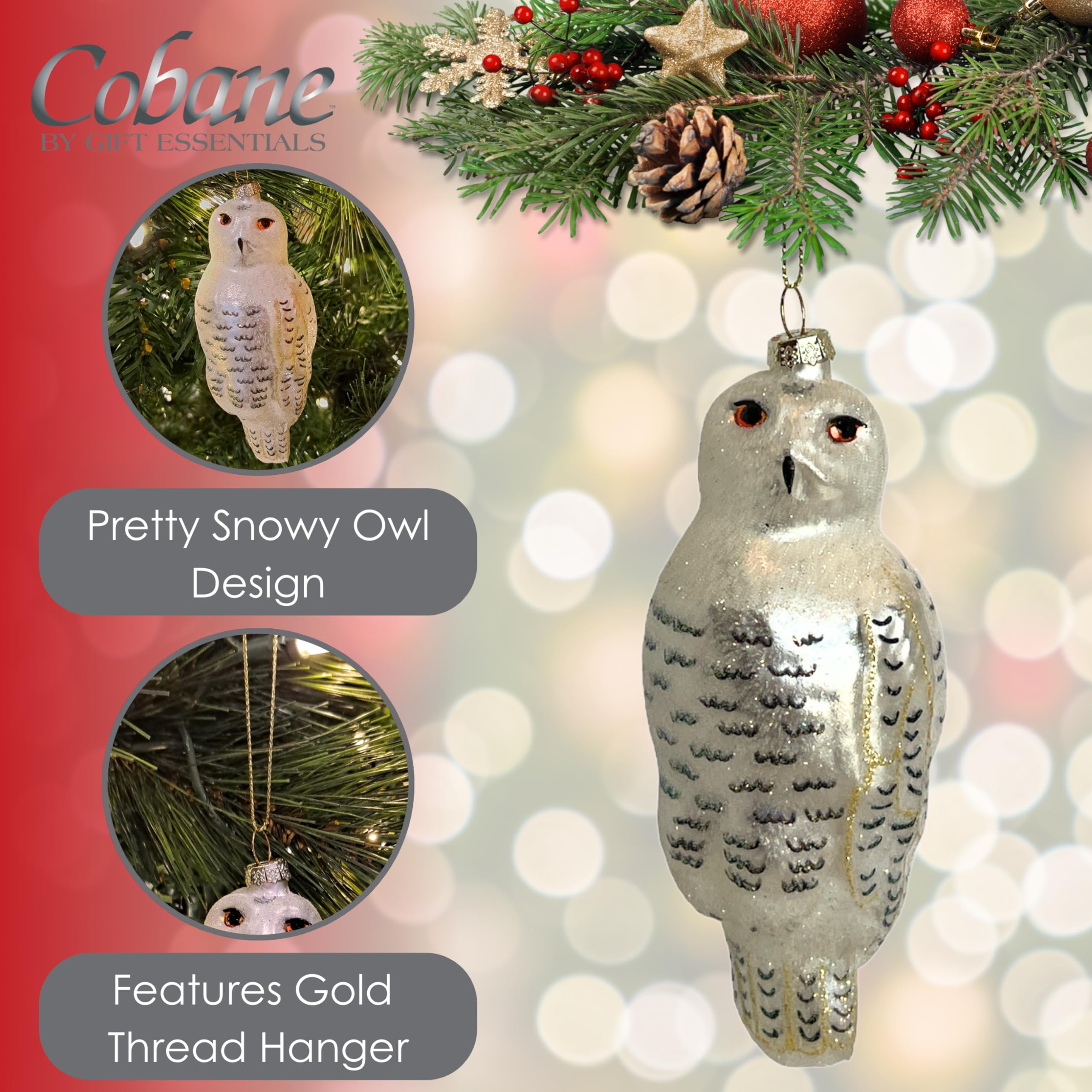 Cobane Studio - Adorno de búho nevado, vidrio soplado a mano, adorno de pájaro pintado a mano para árboles de Navidad y decoración del hogar